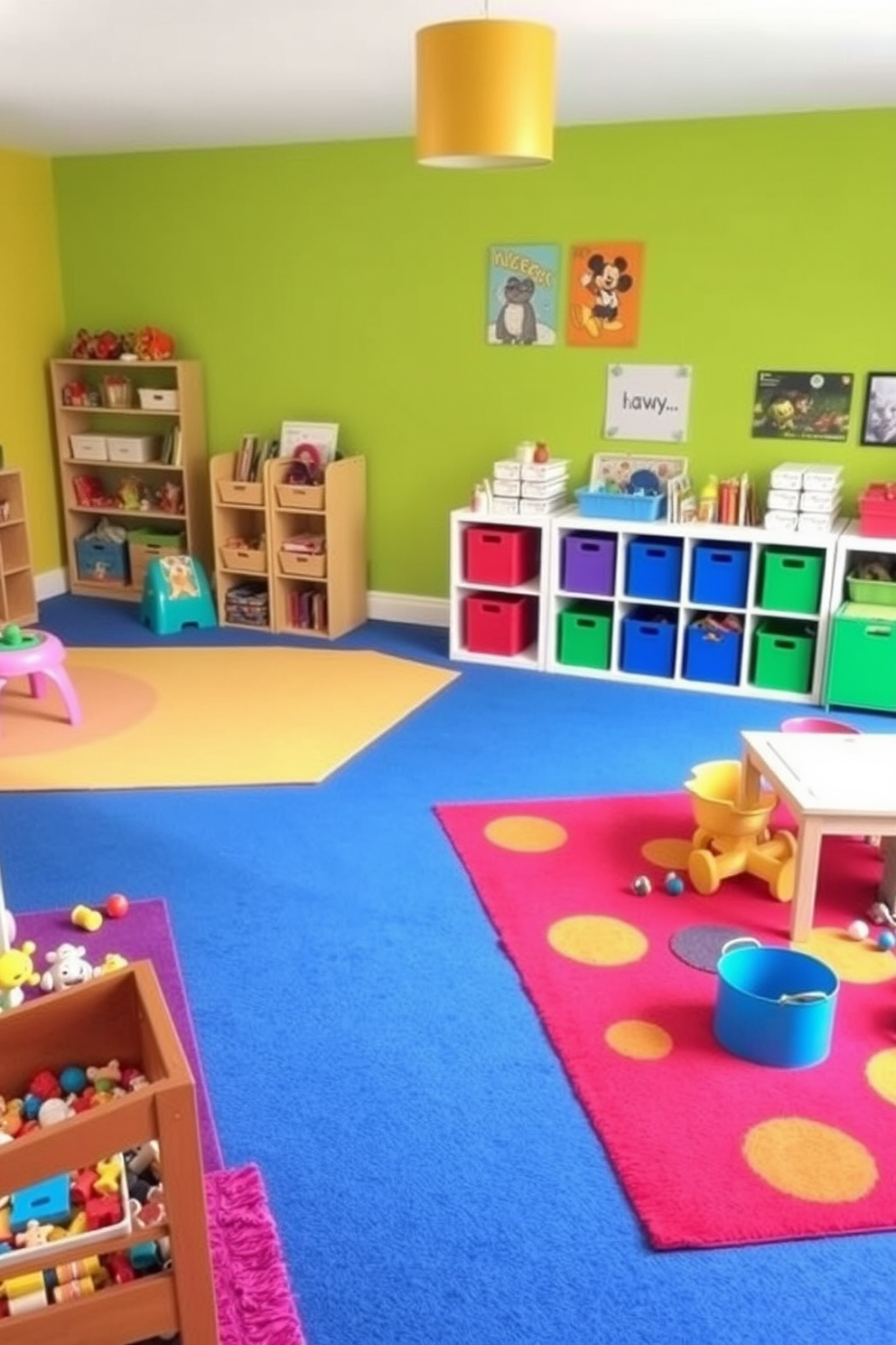 A vibrant kids playroom filled with bright rugs that define play zones throughout the space. The walls are painted in cheerful colors, and various toys are organized in colorful bins for easy access.