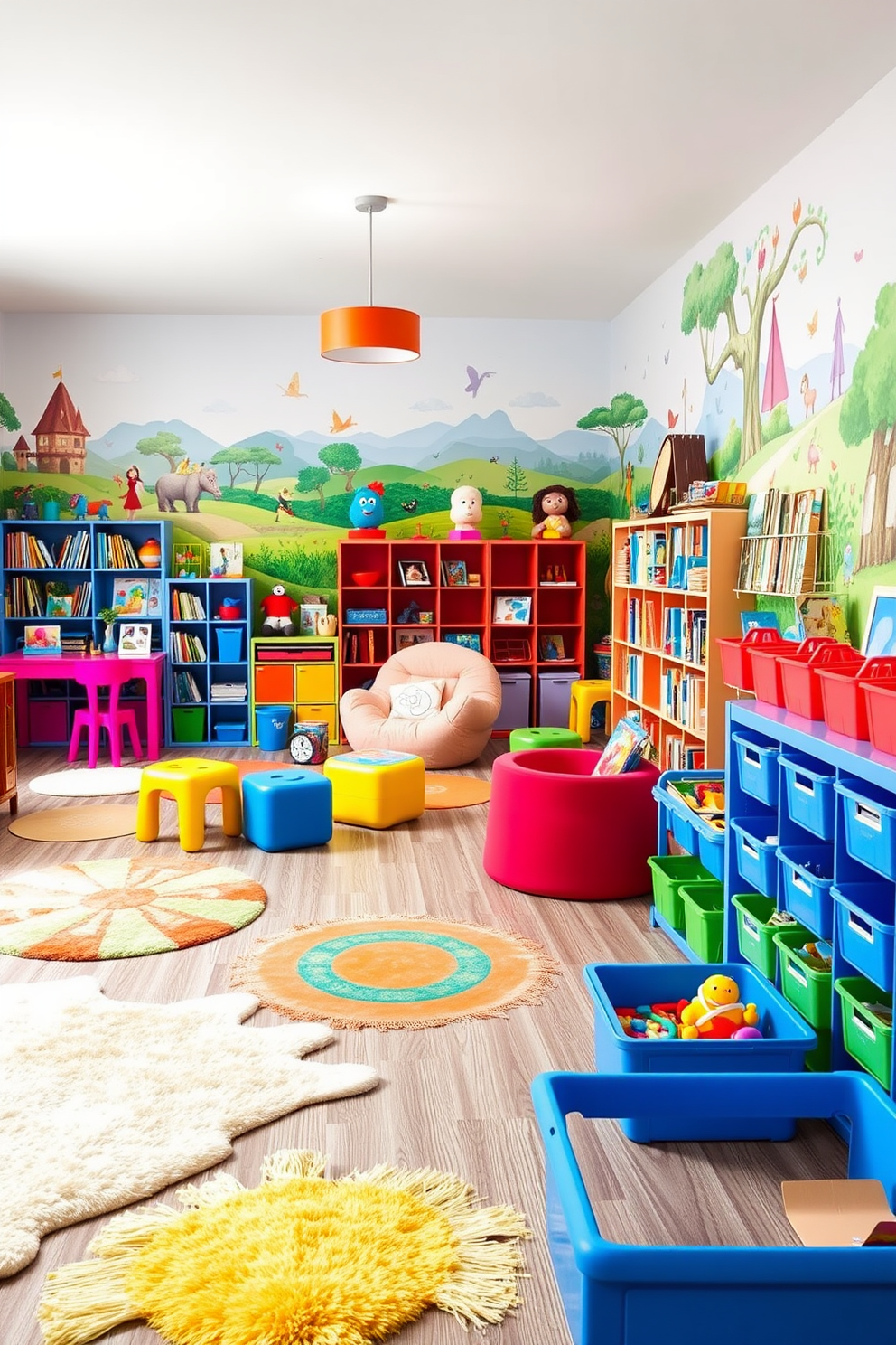 A vibrant playroom filled with colorful furniture and playful decor. There are soft rugs scattered across the floor and a cozy reading nook with a bean bag chair and bookshelves filled with children's books. The walls are adorned with whimsical murals depicting scenes from fairy tales and adventures. A variety of toys and games are organized in bright storage bins, inviting children to explore and create.