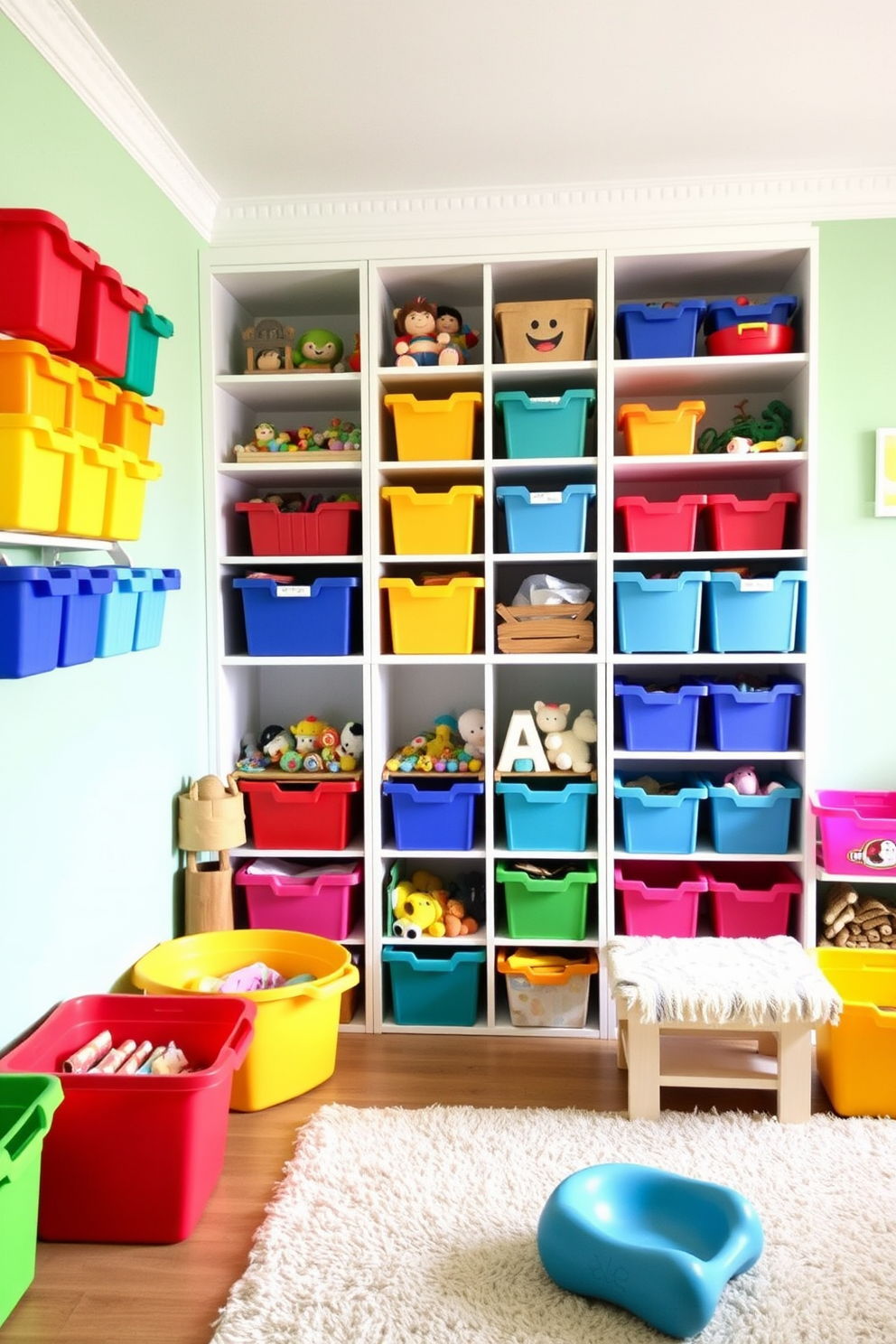 A vibrant kids playroom filled with creative storage solutions for toys and games. Brightly colored shelving units line the walls, displaying neatly organized bins and baskets for easy access to play items. A cozy reading nook is nestled in one corner, complete with a small bookshelf and plush seating. The walls are painted in cheerful hues, and playful artwork adds a fun touch to the space.