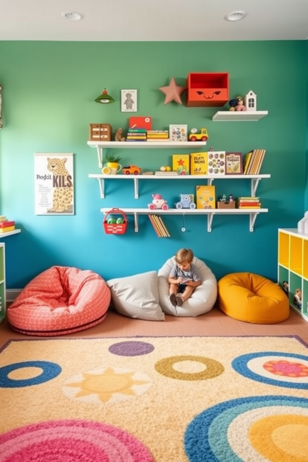 A vibrant kids playroom filled with creativity and fun. The walls are painted in bright colors, and wall-mounted shelves are arranged at various heights to display toys and books. Soft, colorful rugs cover the floor, providing a comfortable space for play. A cozy reading nook is created with bean bags placed beneath the shelves, inviting children to relax and explore their favorite stories.