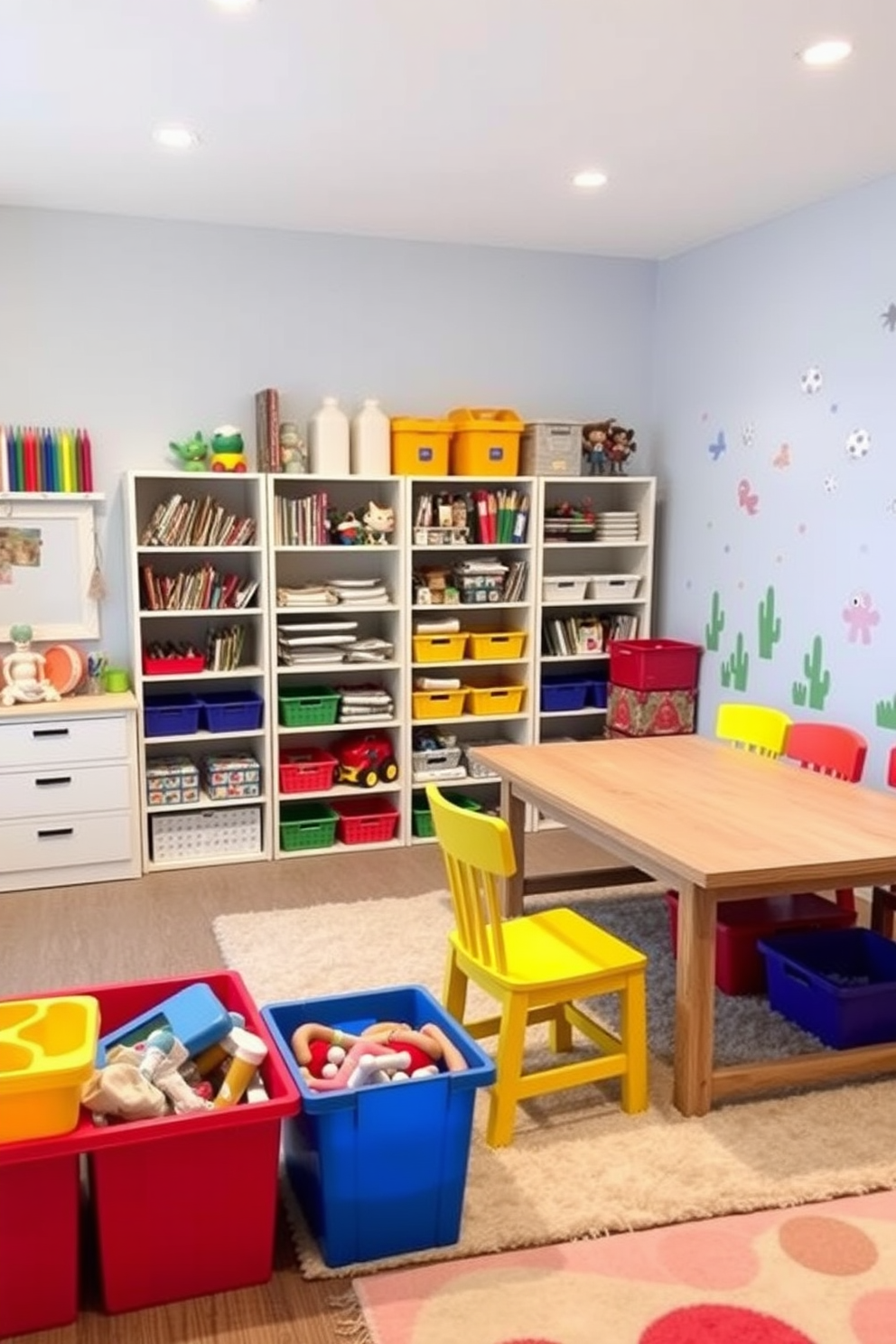 A vibrant kids playroom filled with colorful floor cushions arranged in a cozy seating area. The walls are painted in bright primary colors, and playful artwork adorns the space, creating an inviting atmosphere for children to relax and play.