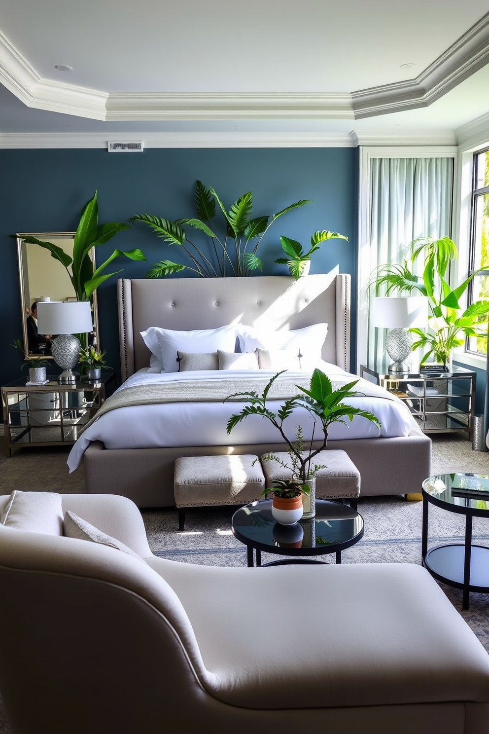 A functional workspace in a corner of a king bedroom features a sleek wooden desk positioned against the wall, complemented by a comfortable ergonomic chair. Natural light floods the area from a nearby window, highlighting a stylish desk lamp and organized shelves filled with books and decorative items.