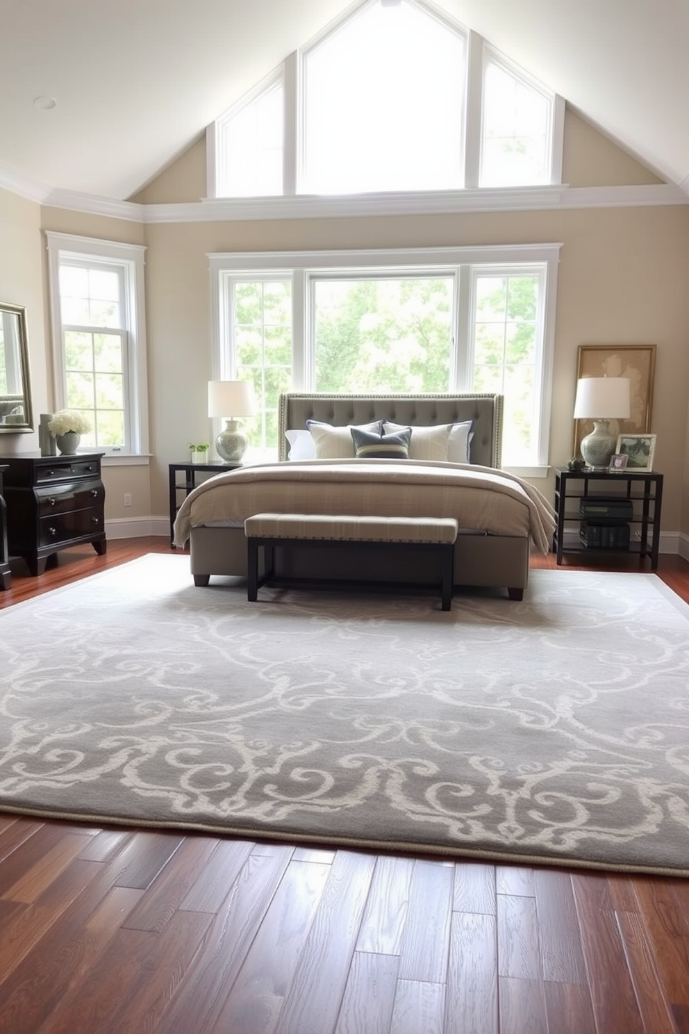 A luxurious king bedroom featuring a plush upholstered bed with a tufted headboard and soft, inviting bedding in neutral tones. The room is adorned with patterned rugs that add warmth and texture, complementing the elegant wooden furniture and soft ambient lighting. Large windows allow natural light to fill the space, with sheer curtains that gently filter the sunlight. A stylish seating area is included, with a cozy armchair and a small side table, creating a perfect nook for relaxation.