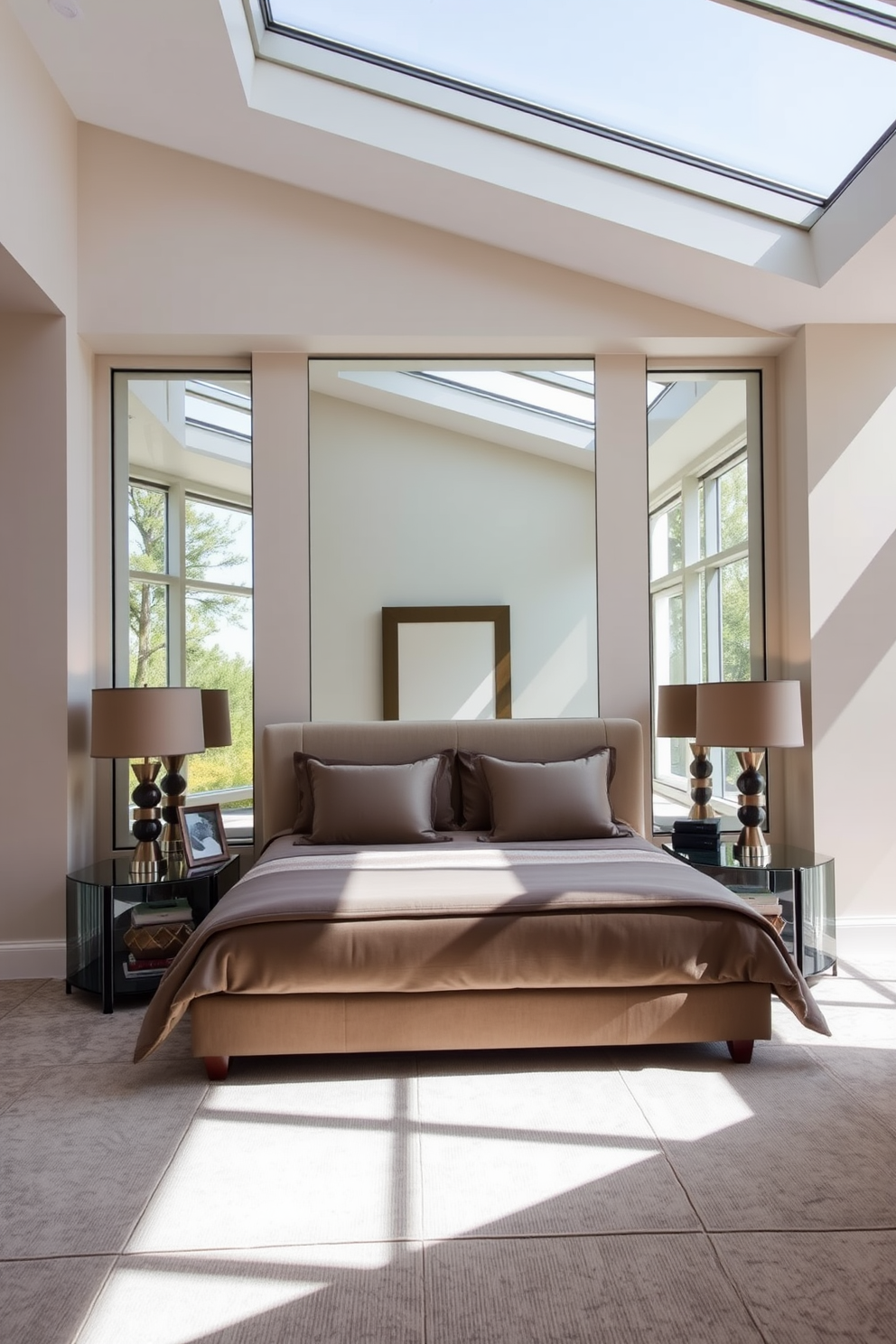 A luxurious king bedroom featuring large windows that allow natural light to flood the space. The walls are painted in a soft neutral tone, and a plush king-sized bed is dressed in elegant linens. On either side of the bed, stylish nightstands hold contemporary lamps that add warmth to the room. A large mirror is positioned opposite the windows to reflect the light and create a sense of openness.