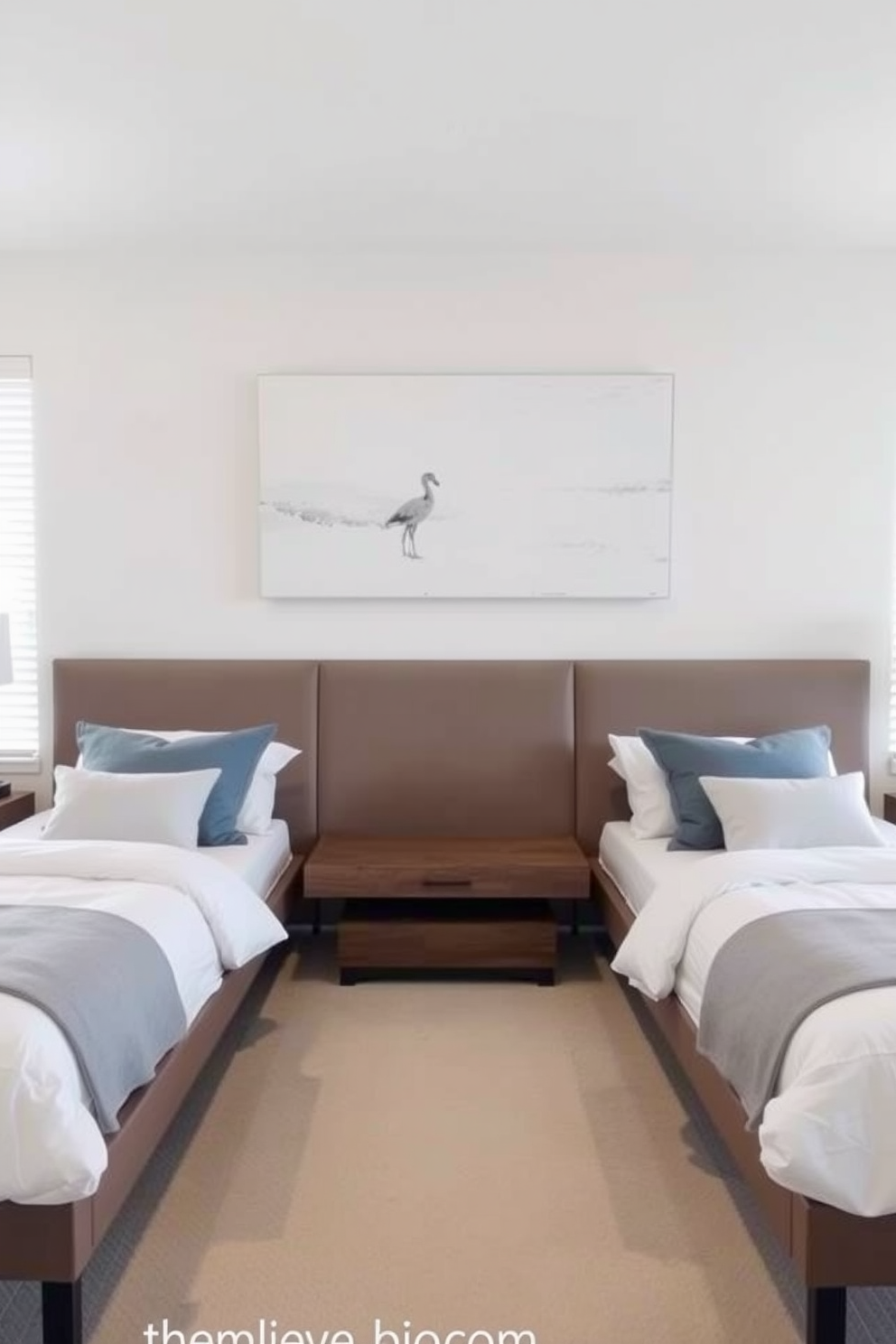 A serene king bedroom featuring floating shelves on either side of the bed for stylish storage solutions. The bedding is a soft white with accent pillows in muted blues, and a large piece of abstract art hangs above the headboard.