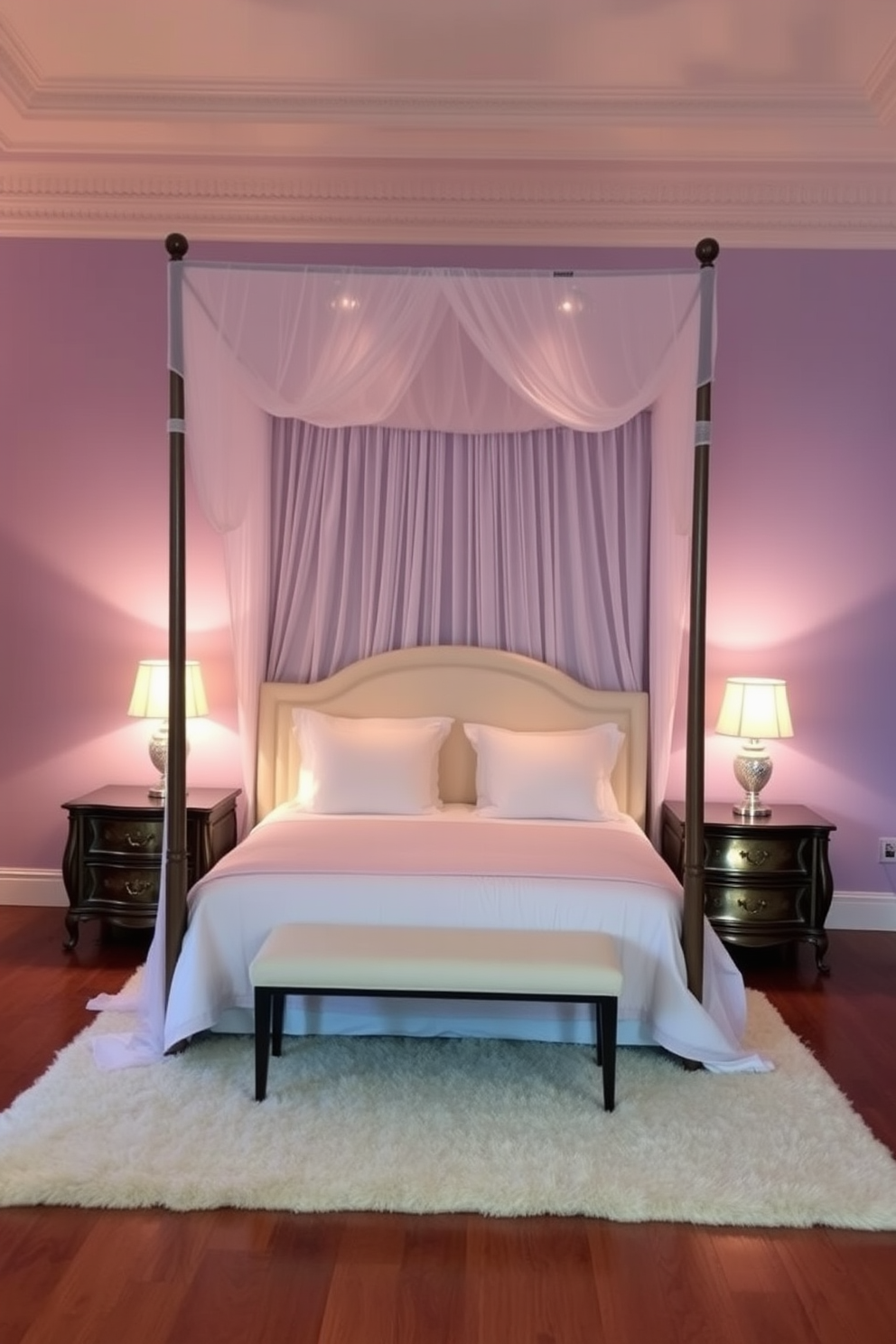 A luxurious king bedroom featuring a stunning canopy bed draped with sheer white fabric. The bed is adorned with plush bedding in soft pastel colors, creating a romantic and inviting atmosphere. On either side of the bed, elegant nightstands hold stylish lamps, casting a warm glow across the room. The walls are painted in a soft lavender hue, complemented by rich wooden flooring and a plush area rug beneath the bed.