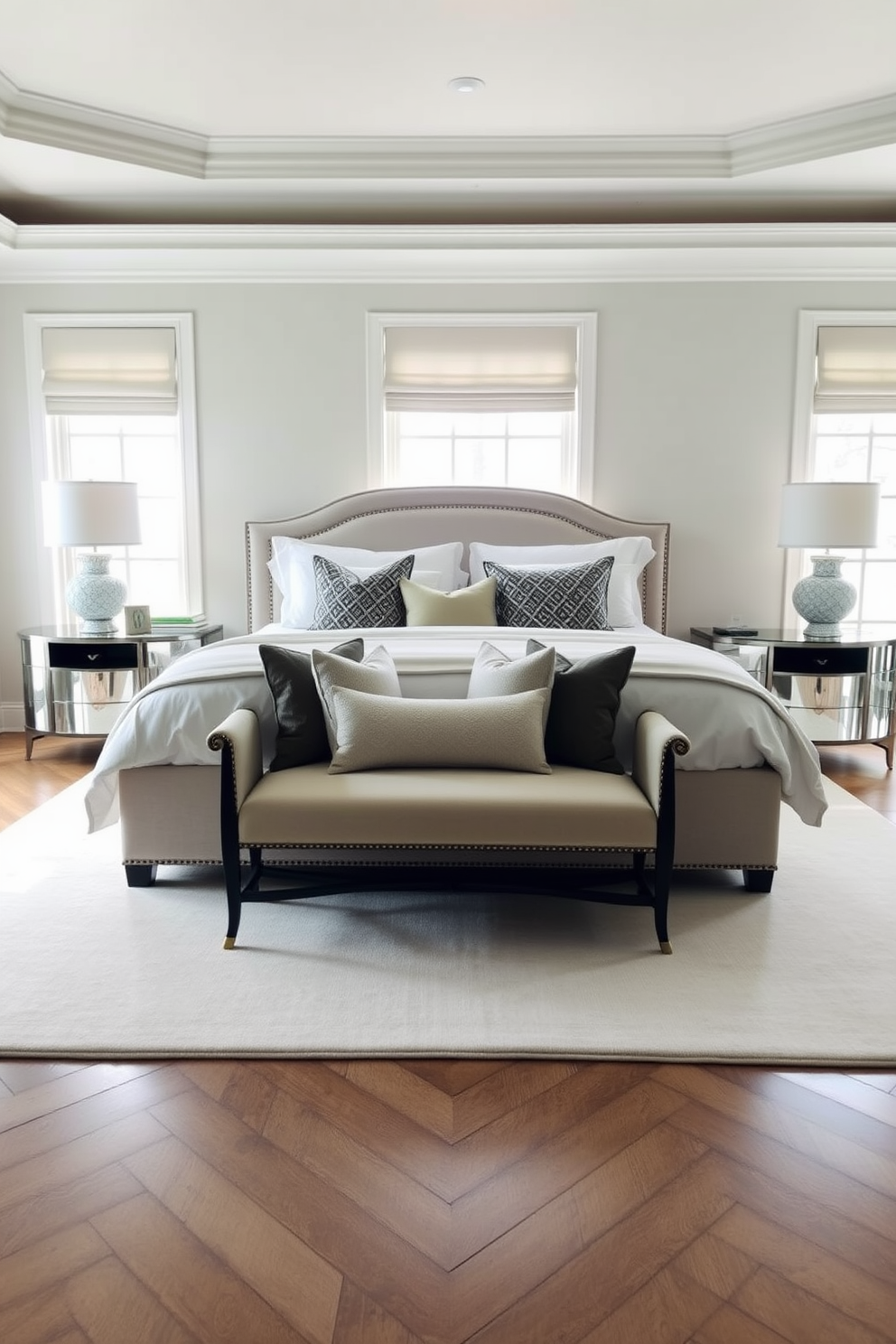 A luxurious king bedroom featuring a plush velvet headboard in a deep navy color. The bedding includes a mix of crisp white linens and a textured throw blanket in a complementary shade, layered with decorative pillows of varying sizes and fabrics. The room is adorned with a large area rug that adds warmth and comfort underfoot. Elegant bedside tables with metallic accents flank the bed, topped with stylish lamps that provide soft ambient lighting.