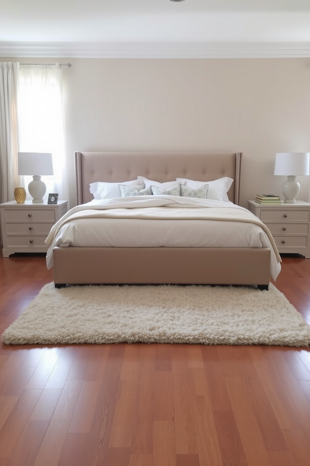 A serene king bedroom setting with a neutral color palette that promotes relaxation. The walls are painted in soft beige, and the bedding features layers of white and cream textiles for a cohesive look. A large upholstered headboard in a light taupe fabric anchors the room, complemented by matching nightstands on either side. Natural light filters in through sheer curtains, illuminating a plush area rug that adds warmth to the hardwood floor.