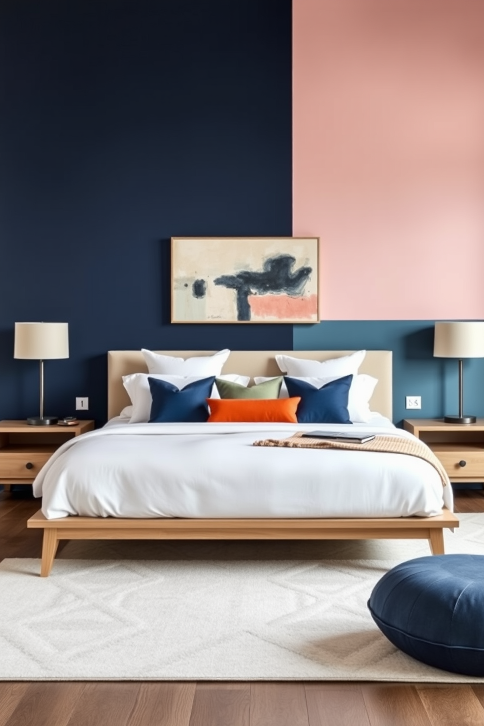 A king bedroom featuring a bold color block design with a mix of deep navy blue and soft blush pink walls. The bed is centered in the room with a plush white comforter and decorative pillows that incorporate both colors. On either side of the bed, sleek modern nightstands in a light wood finish hold stylish lamps with geometric shades. A contemporary area rug in a neutral tone anchors the space, while a statement piece of abstract art hangs above the headboard.