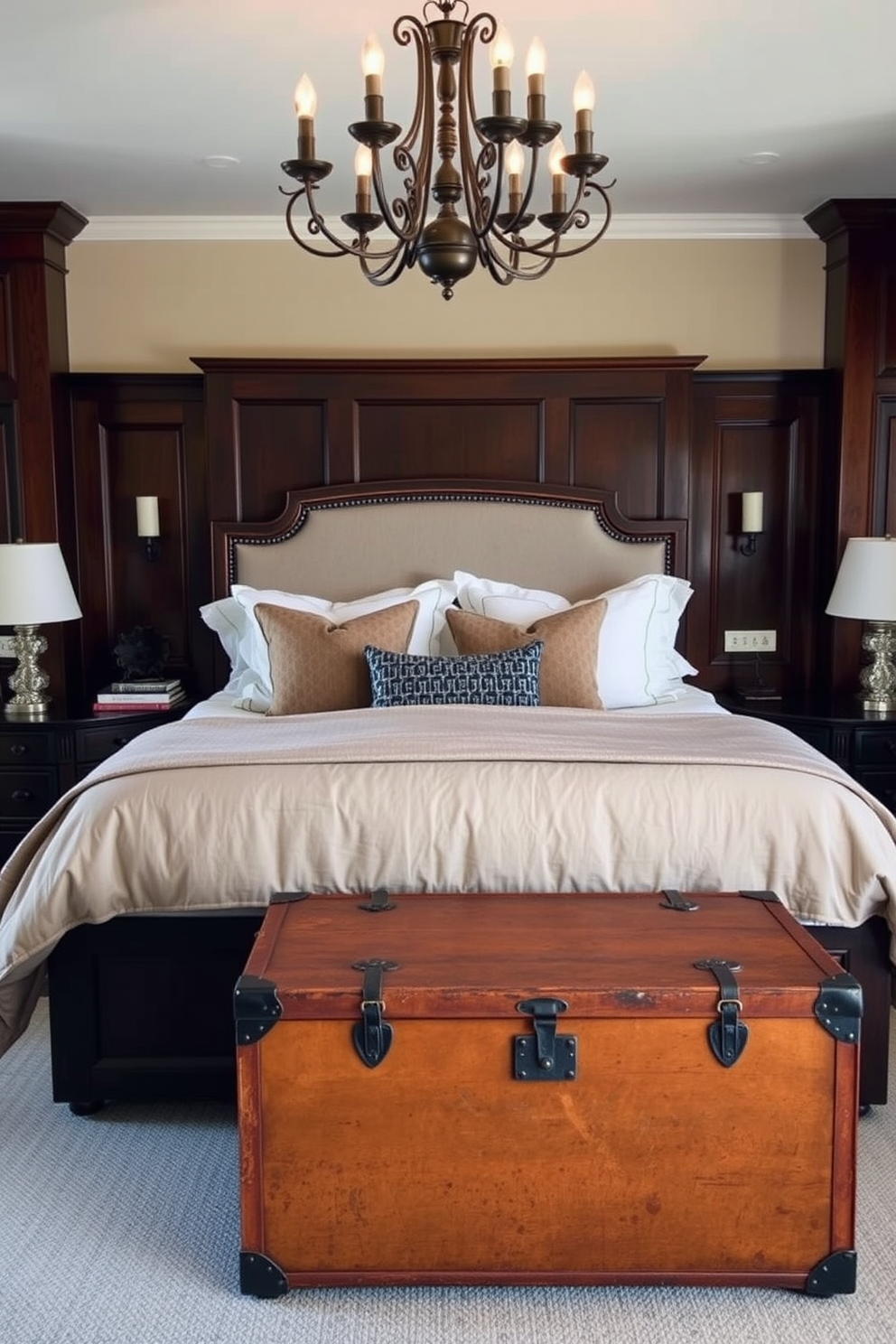 A vintage trunk serves as a unique storage solution at the foot of a king-sized bed. The bed is adorned with luxurious linens and plush pillows, creating an inviting focal point in the room. Rich wooden accents and soft lighting enhance the cozy atmosphere. A vintage-inspired chandelier hangs from the ceiling, casting a warm glow over the elegant space.