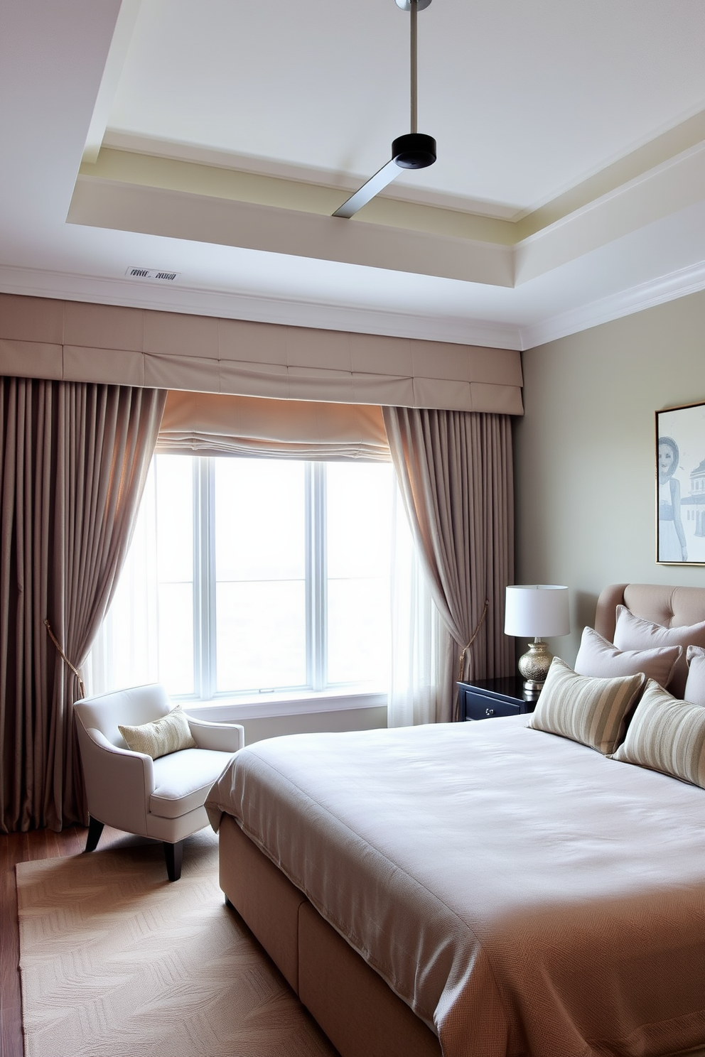 A serene king bedroom design featuring layered curtains that softly frame the windows. The bed is adorned with plush bedding in neutral tones, complemented by decorative pillows for added texture. A cozy seating area is positioned near the window, with a stylish armchair and a small side table. The walls are painted in a calming color, and a large piece of artwork hangs above the bed, creating a focal point in the room.