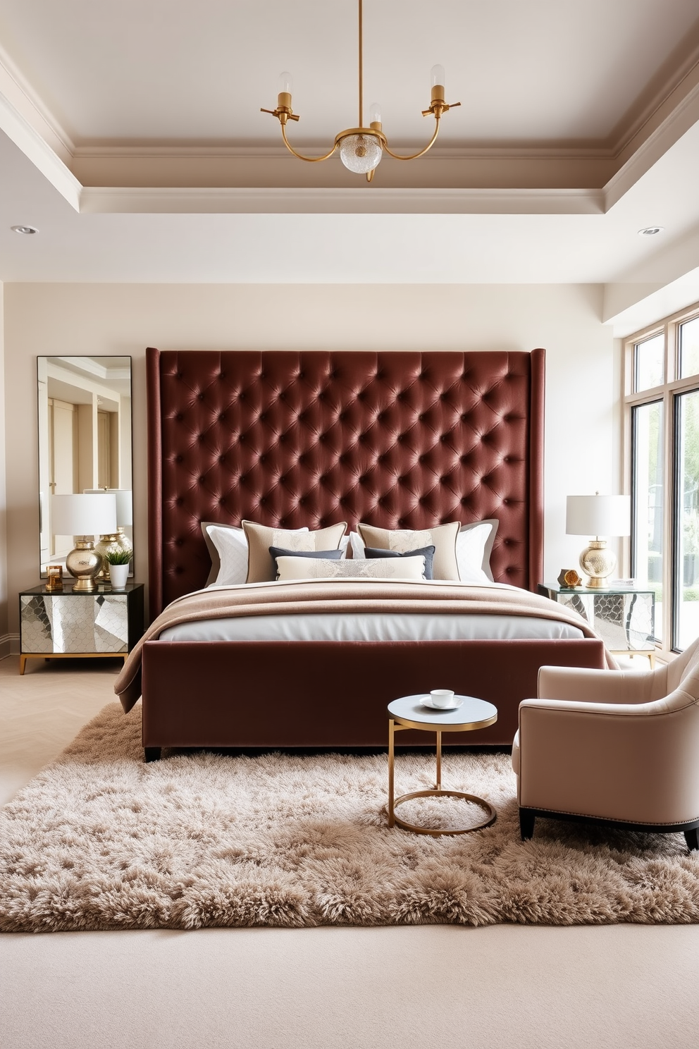 A luxurious king bedroom featuring a statement piece of furniture such as an oversized tufted headboard in rich velvet. The room is adorned with elegant bedside tables, stylish lamps, and a plush area rug that complements the warm color palette. Large windows allow natural light to flood the space, highlighting the soft, neutral tones of the walls and bedding. A cozy seating area with a chic armchair and a small coffee table creates an inviting nook for relaxation.