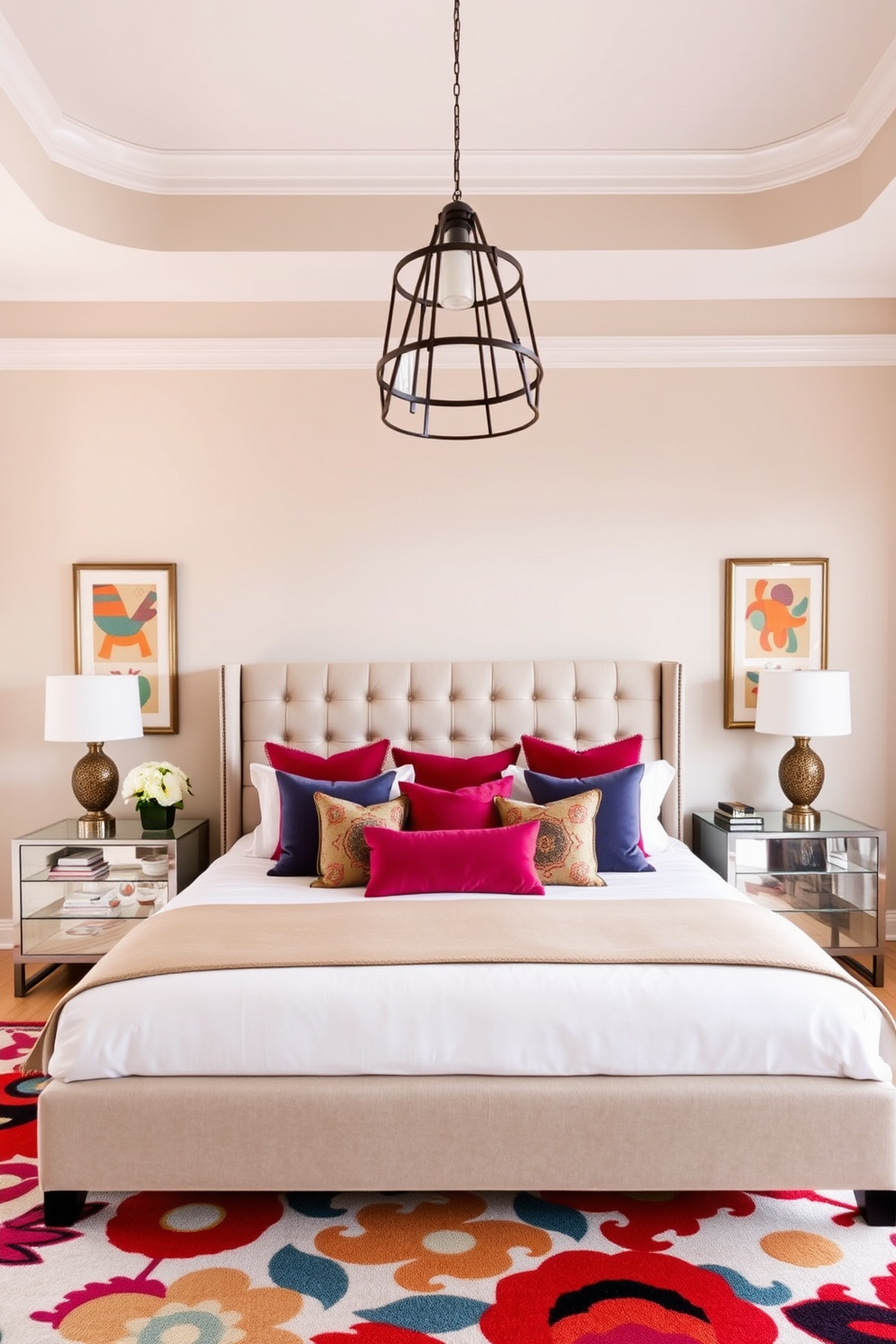 A serene king bedroom featuring a neutral color palette of soft beige and light gray on the walls and bedding. Colorful accents come from vibrant throw pillows and a bold area rug that adds warmth and personality to the space. The centerpiece is a luxurious king-sized bed with a tufted headboard, flanked by elegant bedside tables. A stylish pendant light hangs above, providing both functionality and a touch of sophistication to the overall design.