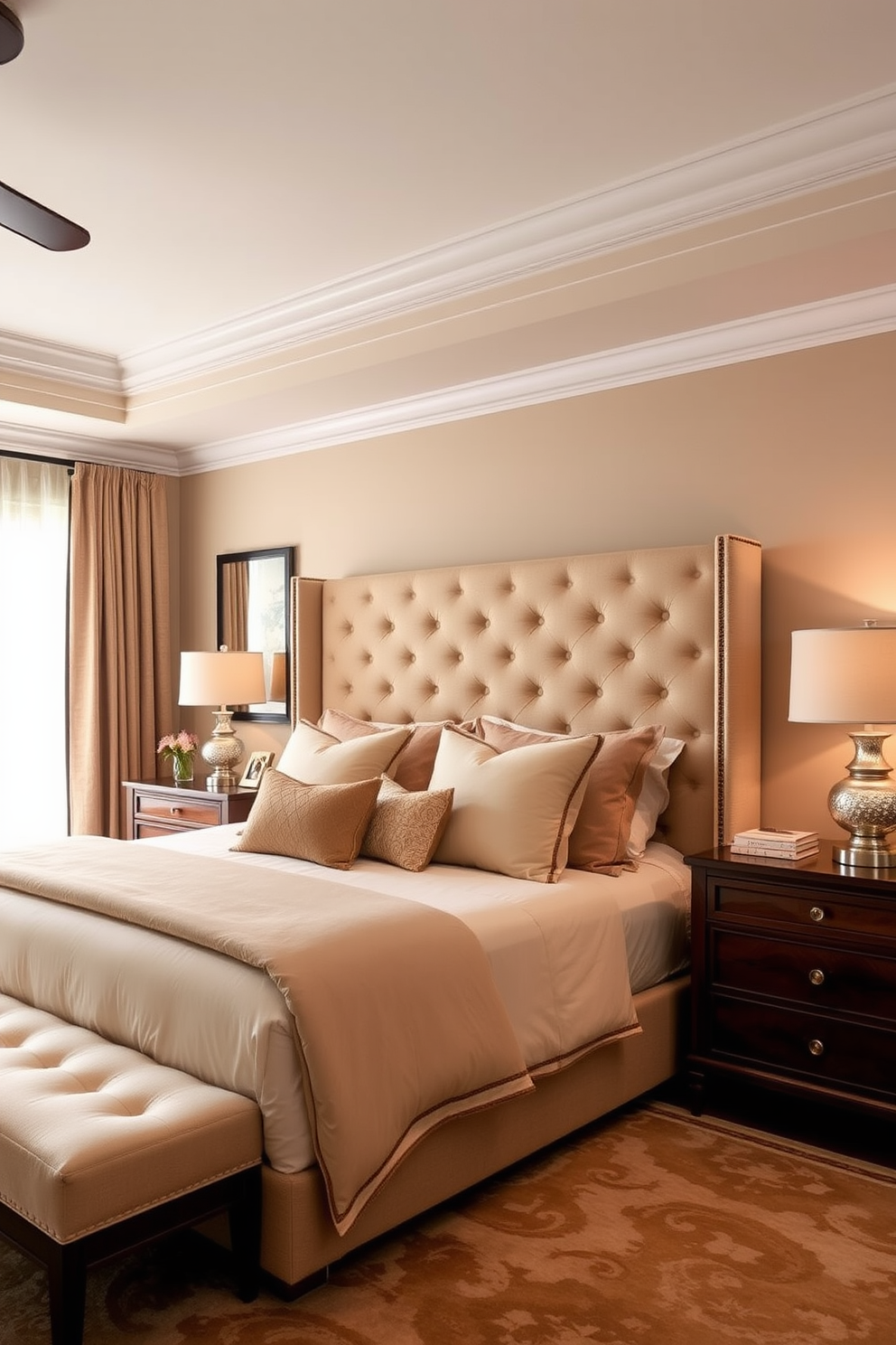 Create a cozy atmosphere with warm tones in a king bedroom featuring a plush upholstered headboard and soft bedding in shades of cream and beige. The room is accented with wooden nightstands, a large area rug, and ambient lighting from stylish bedside lamps.