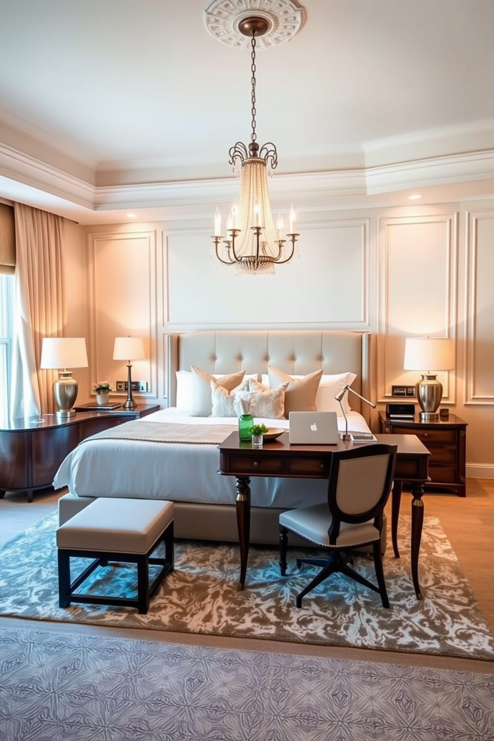 A serene king bedroom featuring soft blue and white tones. The bed is dressed in luxurious linens with plush pillows and a cozy throw at the foot. A pair of elegant nightstands flanks the bed, each topped with stylish lamps that emit a warm glow. The walls are painted in a light gray, and a large abstract painting adds a touch of sophistication above the headboard. A comfortable seating area with a chic armchair and a small side table creates a perfect reading nook. The flooring is a rich hardwood, complemented by a soft area rug that adds warmth to the space.