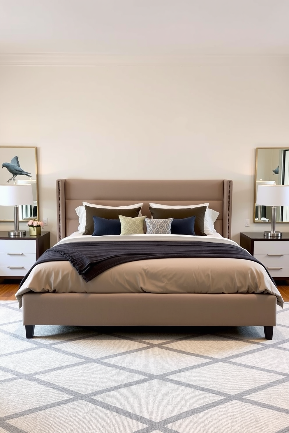 A spacious king bedroom featuring a large upholstered bed with a geometric patterned headboard. The bedding is a mix of solid colors and subtle geometric designs, creating a cohesive and modern look. On either side of the bed, sleek nightstands with minimalist lamps provide ambient lighting. The walls are painted in a soft neutral tone, while a geometric area rug anchors the space and adds warmth.