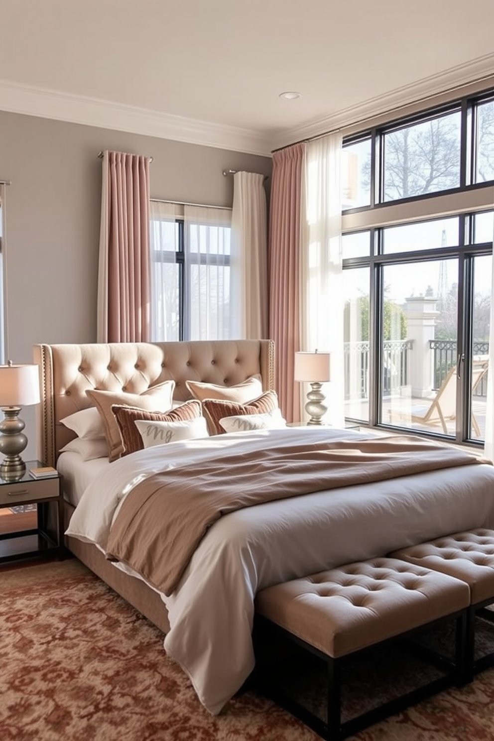 A luxurious king bedroom featuring a plush velvet headboard in deep navy blue. The bed is adorned with an array of textured throw pillows and a soft cashmere blanket, creating an inviting atmosphere. On either side of the bed, elegant nightstands hold unique decor items from travels, including a handcrafted pottery lamp from Mexico and a vintage clock from Paris. The walls are painted in a warm taupe, complemented by a large abstract painting that adds a pop of color above the bed.