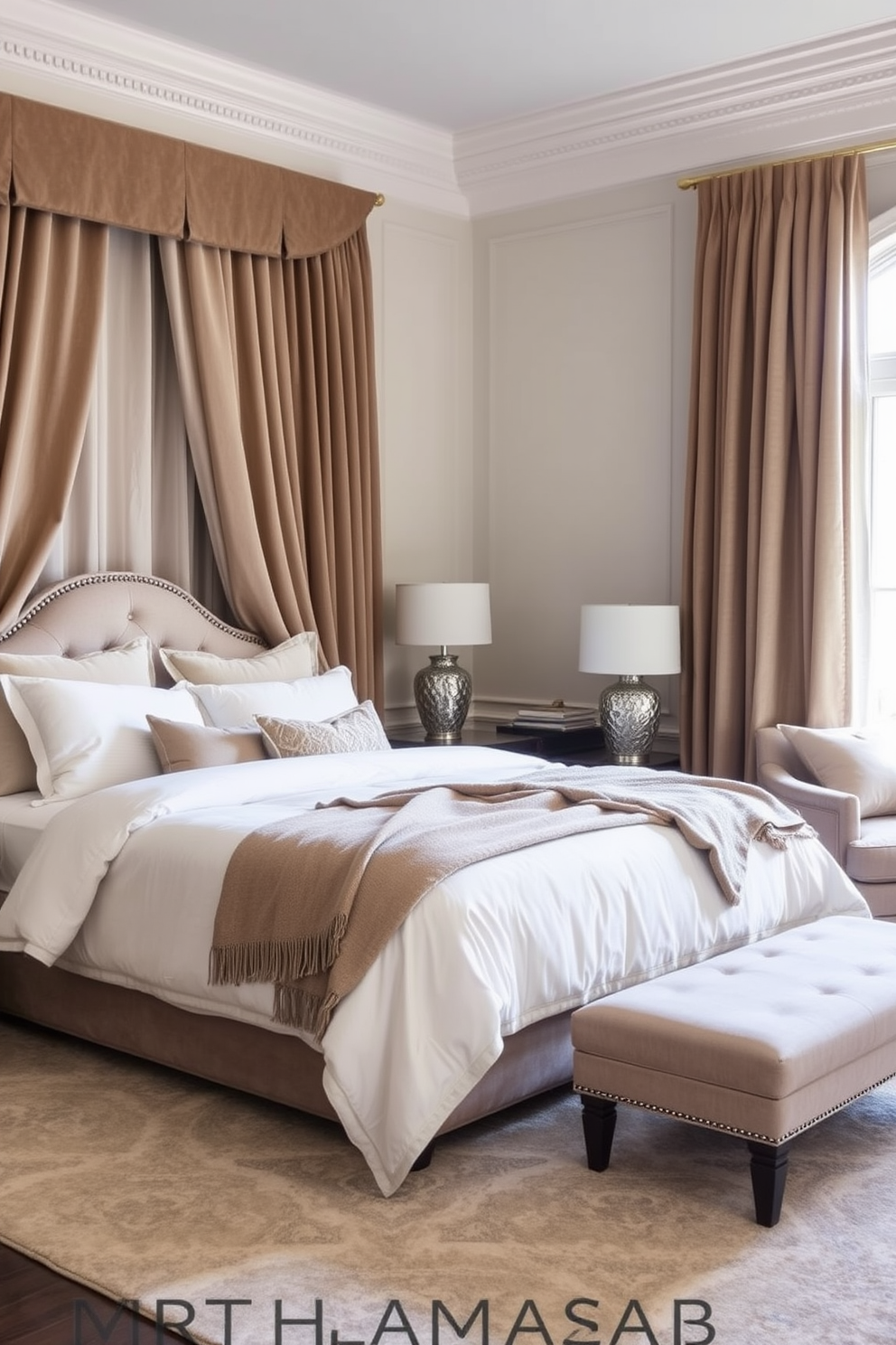 A spacious king bedroom featuring minimalist furniture that emphasizes clean lines and simplicity. The bed is dressed in neutral tones with a sleek headboard, complemented by two matching nightstands on either side. Natural light floods the room through large windows, highlighting the airy atmosphere. A soft area rug in muted colors anchors the space, while built-in shelving provides functional storage without clutter.