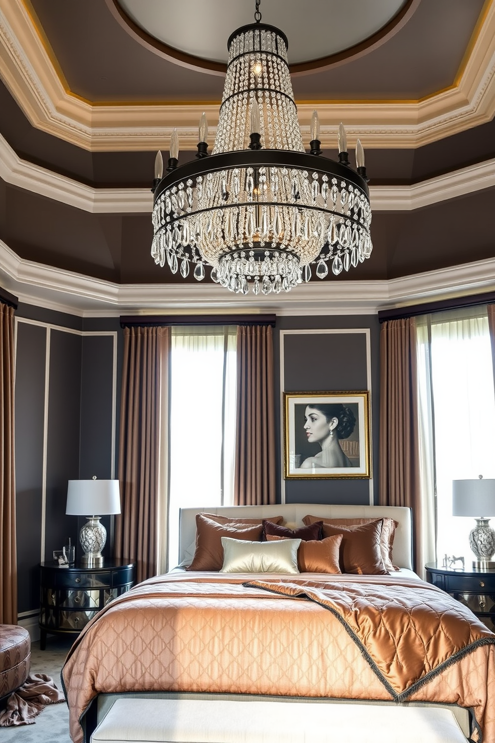 An elegant chandelier hangs gracefully from the ceiling, casting a warm glow over the spacious king bedroom. The room features a plush king-sized bed dressed in luxurious linens, flanked by stylish nightstands with modern lamps. Rich, deep colors adorn the walls, creating a cozy yet sophisticated atmosphere. A plush area rug lies beneath the bed, adding texture and warmth to the hardwood floor.