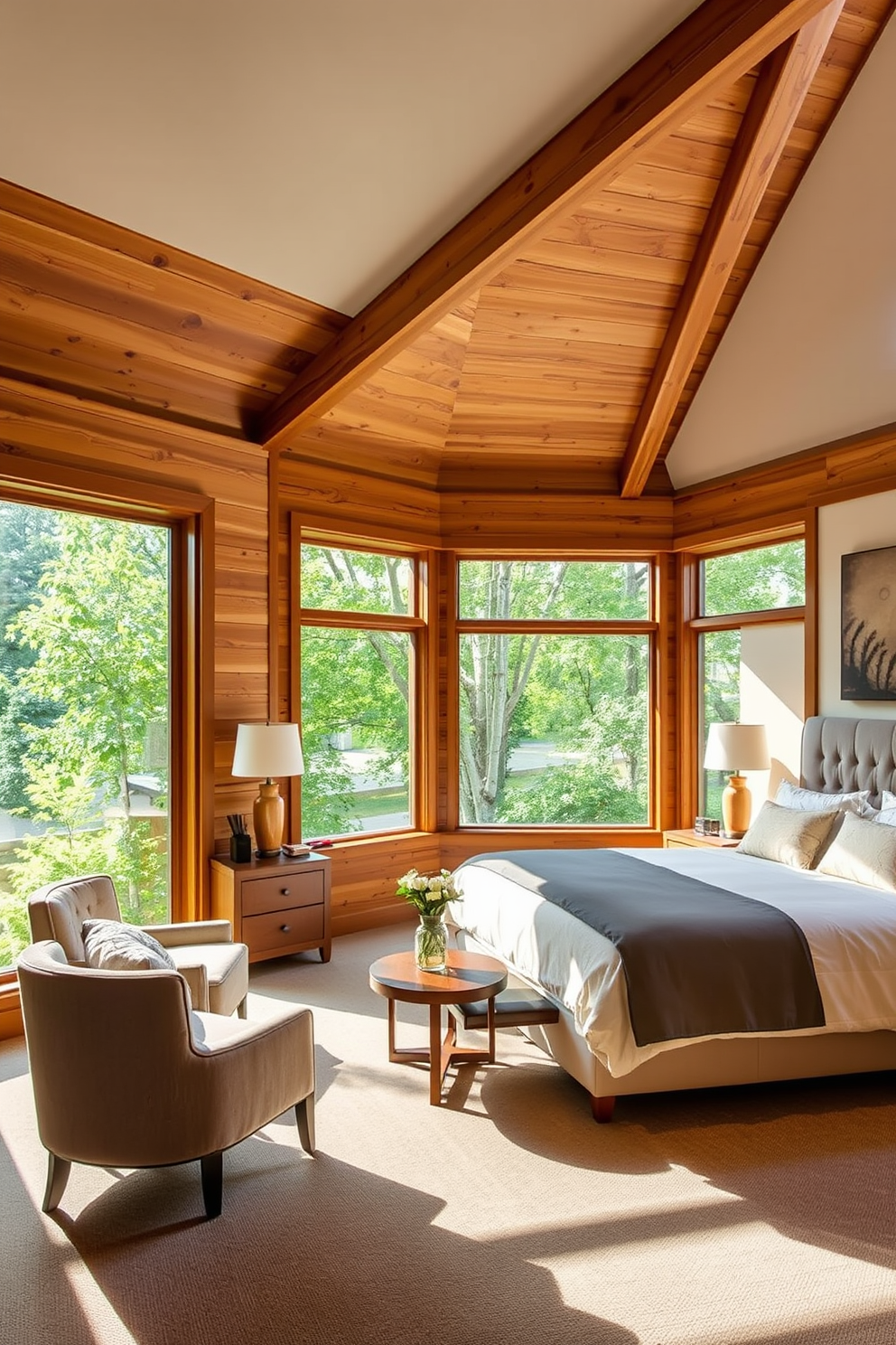 A serene king bedroom featuring natural wood accents that add warmth and character. The bed is dressed in soft, neutral linens with a plush headboard, complemented by wooden nightstands on either side. Large windows allow natural light to flood the room, showcasing a view of lush greenery outside. A cozy seating area with a pair of upholstered chairs and a small wooden coffee table invites relaxation.