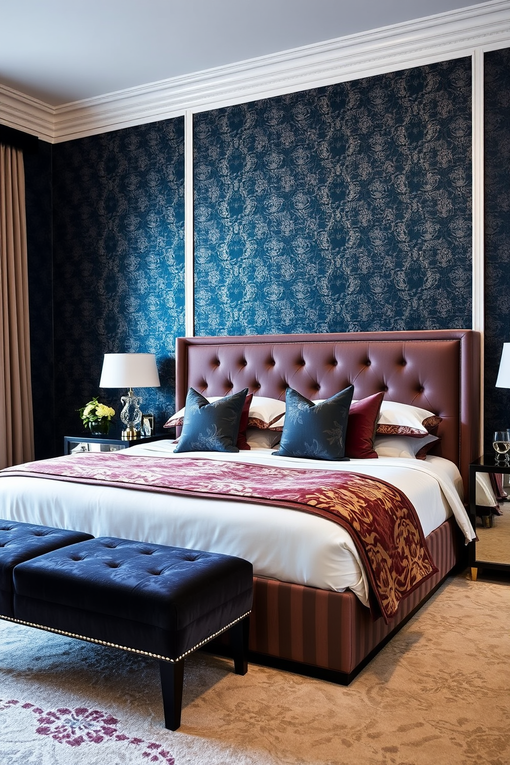 A luxurious king bedroom featuring a bold accent wall adorned with rich, textured wallpaper in deep jewel tones. The room is complemented by a plush king-sized bed with an elegant upholstered headboard and coordinating bedding that enhances the opulent atmosphere.