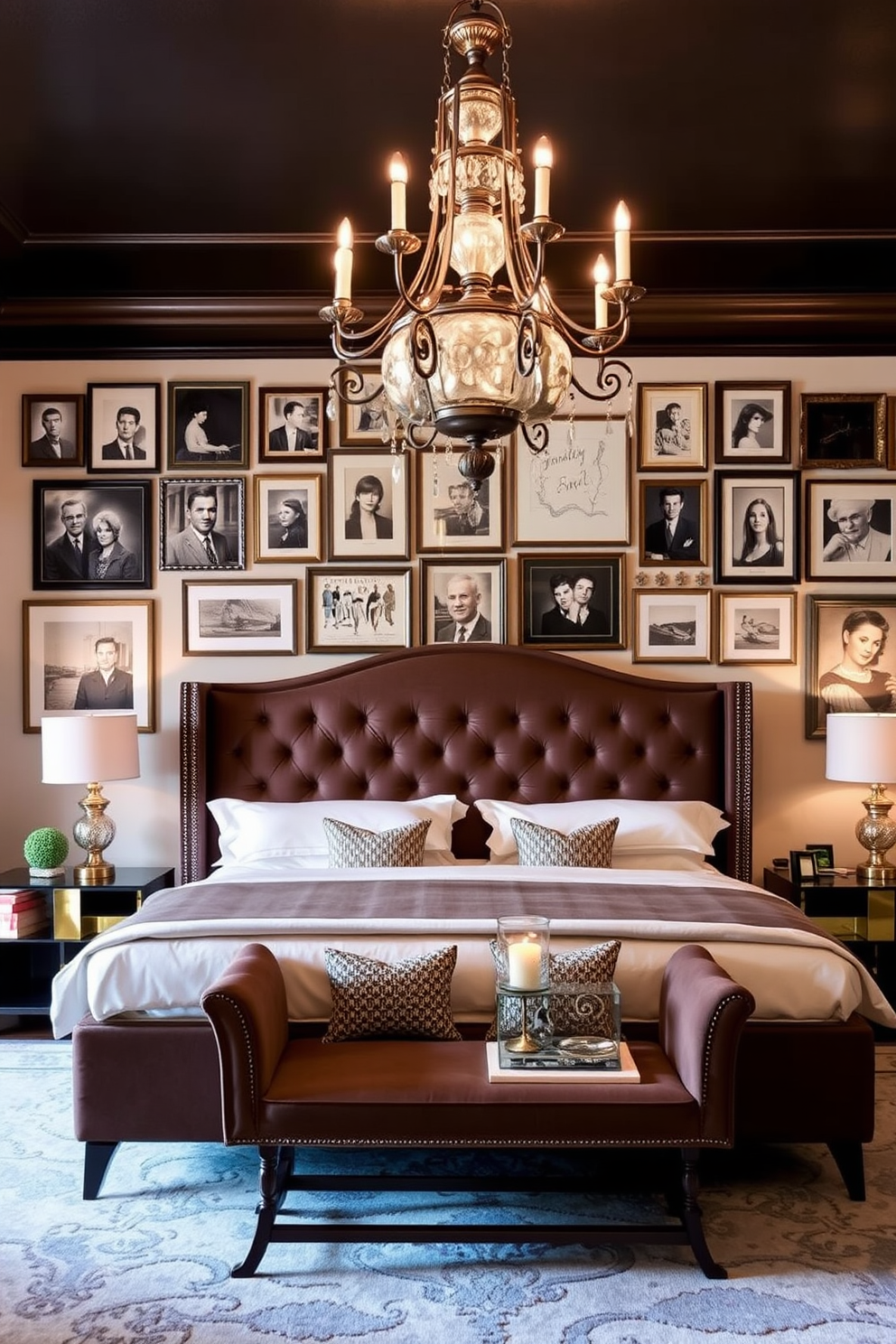 A luxurious king bedroom featuring a blend of vintage and modern decor elements. The focal point is a grand upholstered headboard in a rich velvet fabric, paired with sleek, contemporary bedside tables. An antique chandelier hangs gracefully from the ceiling, illuminating the space with warm light. The walls are adorned with a tasteful gallery of framed vintage photographs and modern art pieces, creating a harmonious balance.