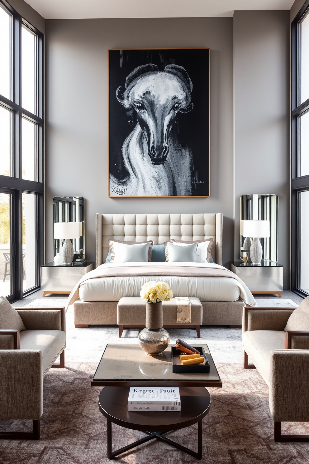 A luxurious king bedroom featuring oversized artwork as a focal point. The walls are painted in a soft gray hue, complementing the plush bedding and elegant headboard. A spacious layout includes a seating area with contemporary armchairs and a stylish coffee table. Natural light floods the room through large windows, enhancing the serene atmosphere.