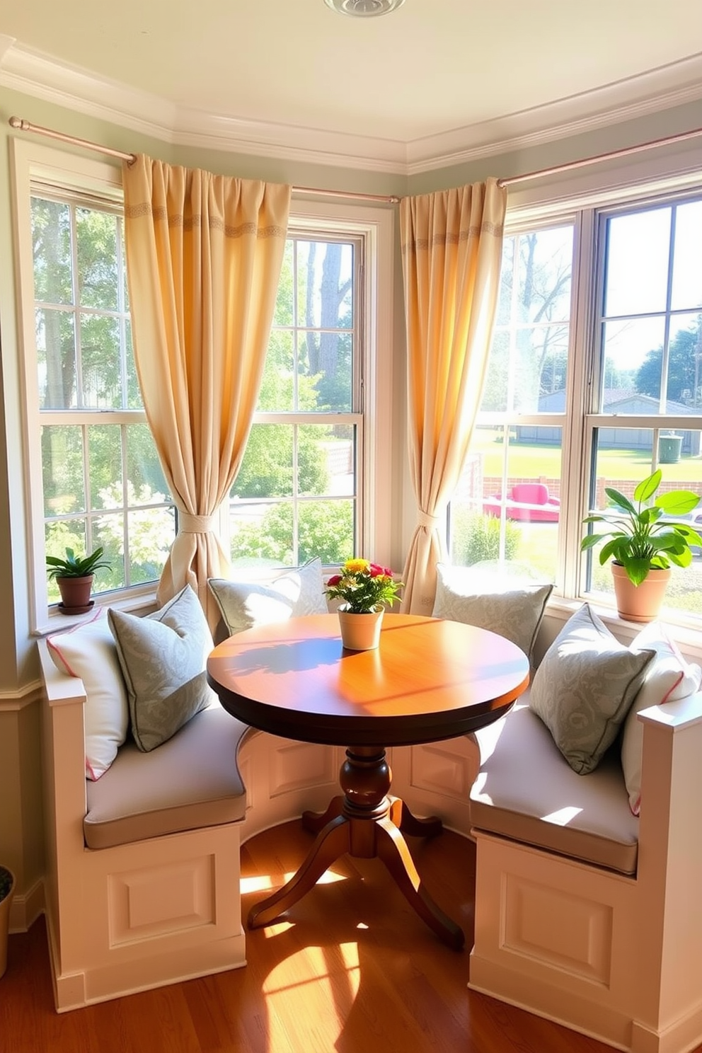 A cozy breakfast nook featuring built-in seating with plush cushions and a round wooden table at the center. Natural light pours in through large windows adorned with soft curtains, creating an inviting and warm atmosphere. The walls are painted in a soft pastel hue, enhancing the cheerful vibe of the space. Decorative throw pillows add a pop of color, while potted plants bring a touch of nature indoors.