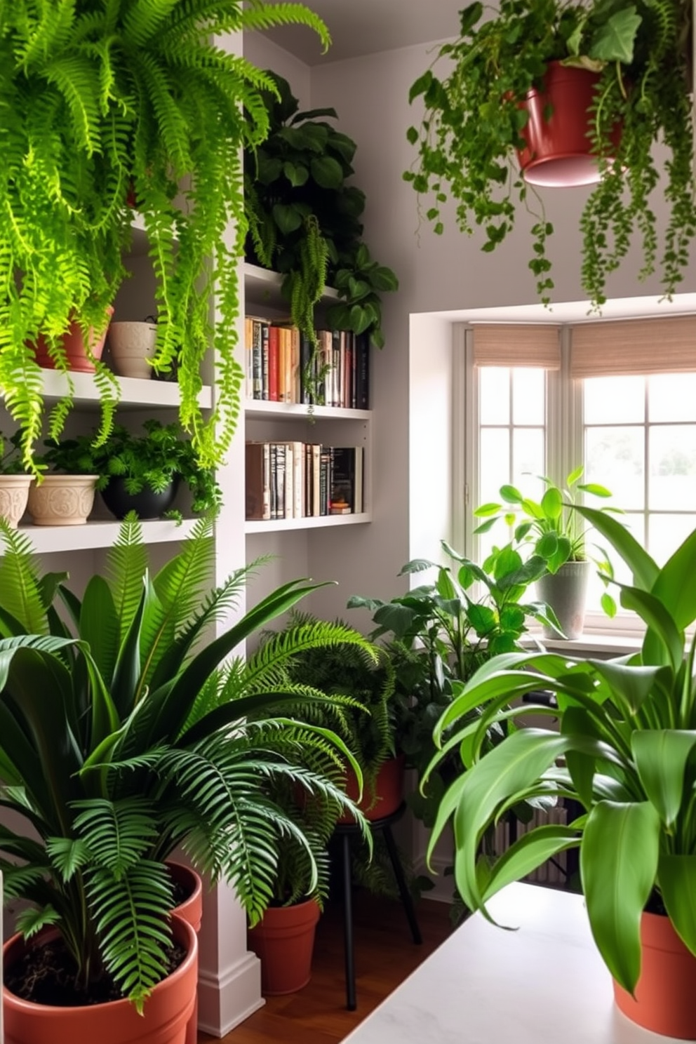 A cozy kitchen alcove featuring floating shelves adorned with an array of decorative items. The shelves are made of reclaimed wood, showcasing plants, cookbooks, and artisanal kitchenware against a backdrop of soft pastel-colored walls.