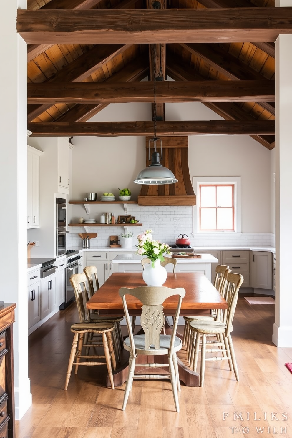 A cozy kitchen alcove featuring rustic wood beams that add warmth and character to the space. The design includes a farmhouse table surrounded by mismatched chairs, with soft pendant lighting hanging above to create an inviting atmosphere.