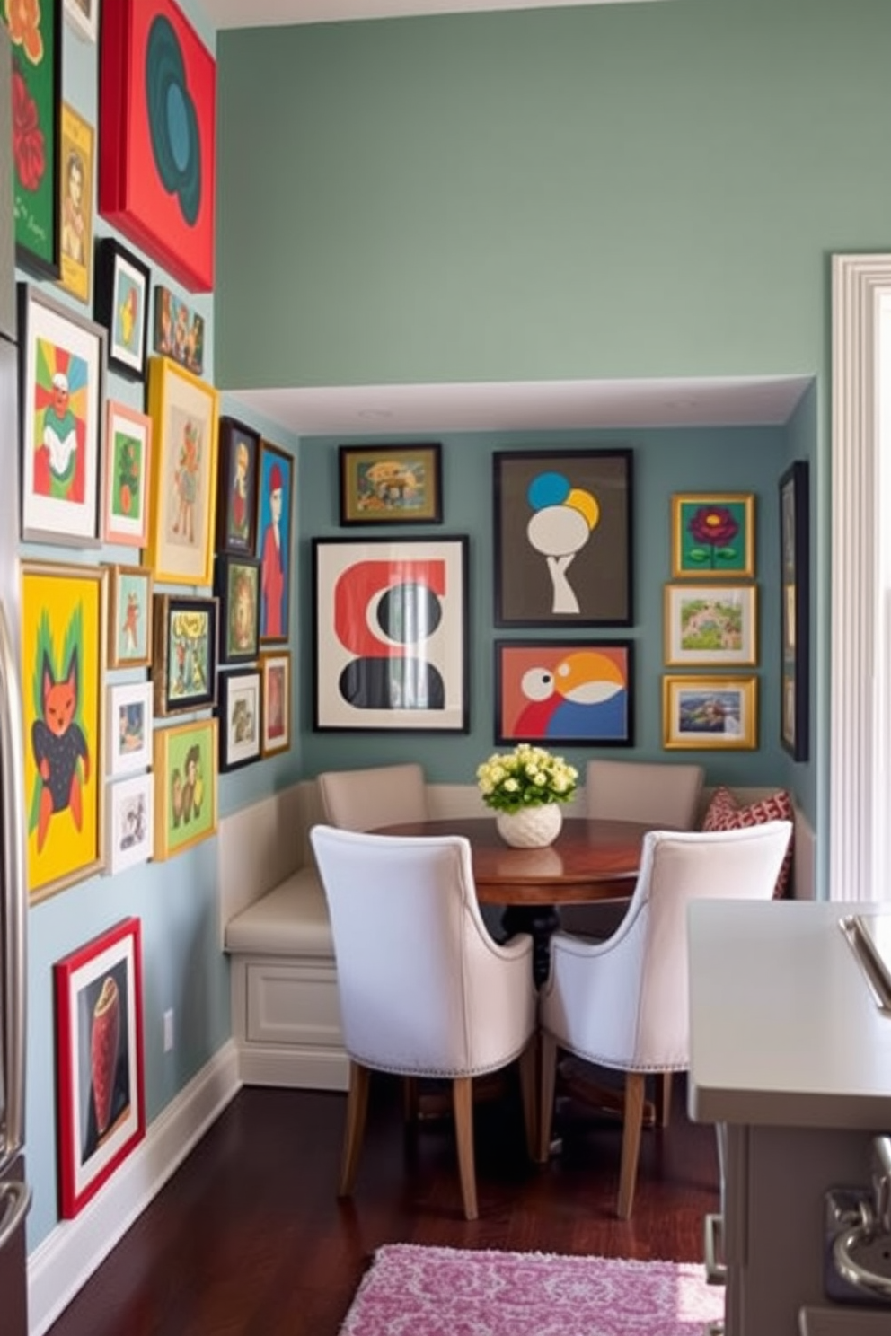 A cozy kitchen alcove featuring a chalkboard wall for notes and recipes. The space includes open shelving with neatly arranged cookbooks and decorative jars, creating an inviting atmosphere.