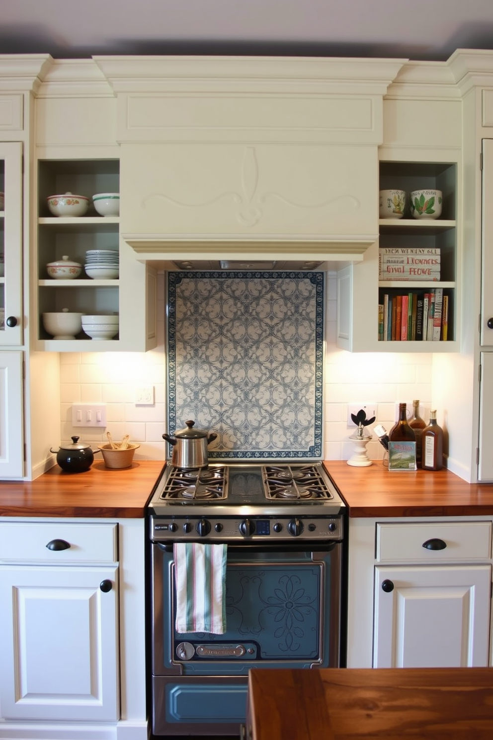 A vintage-style stove is nestled within a beautifully crafted alcove, featuring intricate tile work that adds character to the space. Above the stove, a decorative hood complements the vintage aesthetic, while open shelving on either side displays charming dishware and cookbooks. The cabinetry surrounding the alcove is painted in a soft cream color, enhancing the warmth of the kitchen. A rustic wooden countertop extends from the alcove, providing a functional workspace that harmonizes with the vintage theme.