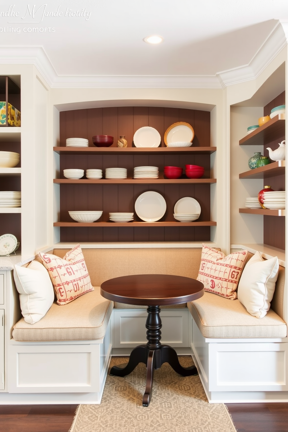 A cozy kitchen alcove features a stunning marble countertop that adds a luxurious touch to the space. Surrounding the countertop are custom cabinetry painted in soft white, complemented by brass hardware for an elegant finish. Natural light streams in from a nearby window, illuminating the warm wood flooring that contrasts beautifully with the sleek marble. A small bistro table with two chairs sits invitingly in the alcove, perfect for casual meals or morning coffee.