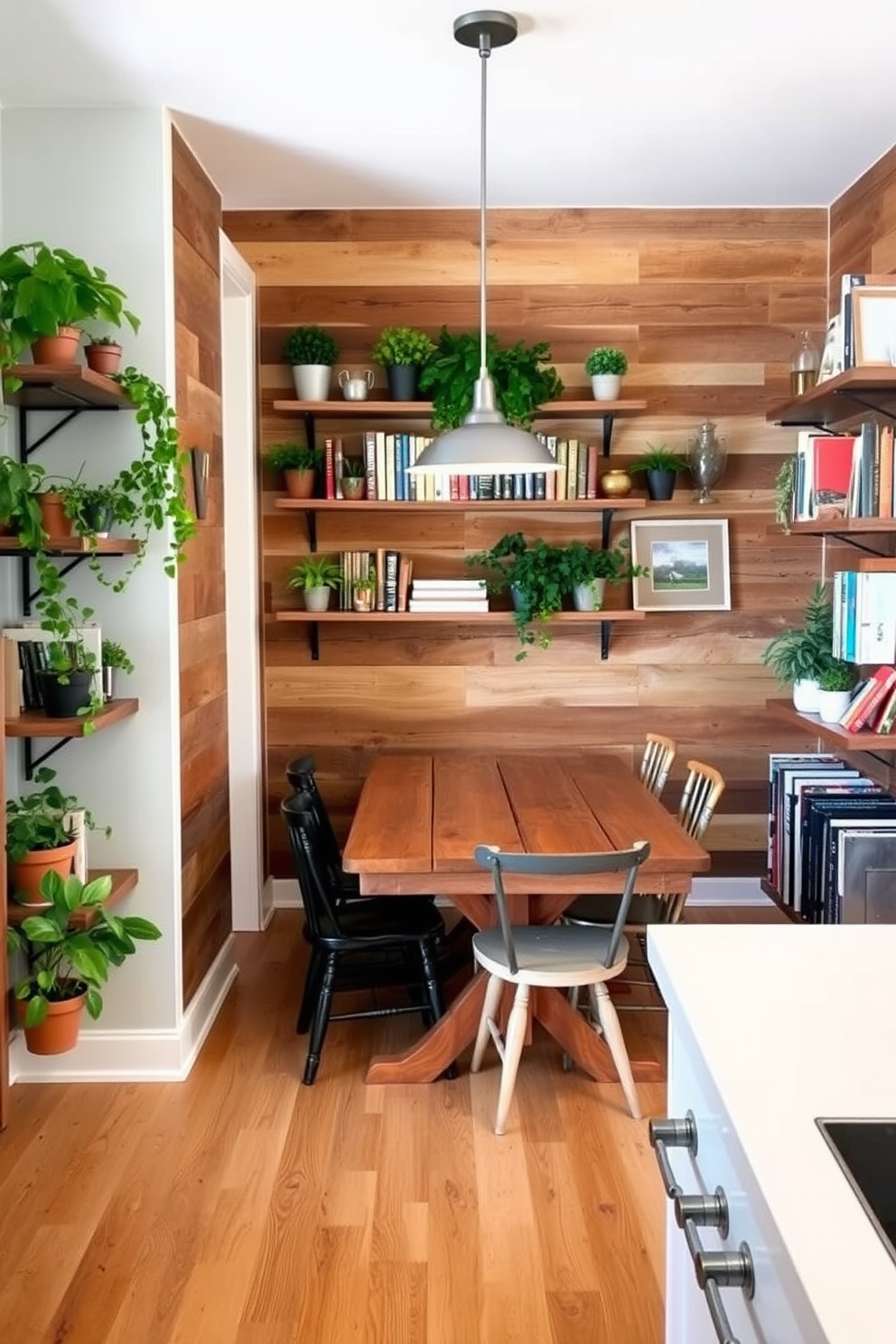 A charming kitchen alcove featuring vintage decor elements. The walls are adorned with patterned wallpaper in soft pastel colors, and a rustic wooden table sits in the center surrounded by mismatched chairs. Hanging above the table is a vintage chandelier that casts a warm glow. Shelves lined with antique dishware and potted herbs add character and charm to the space.