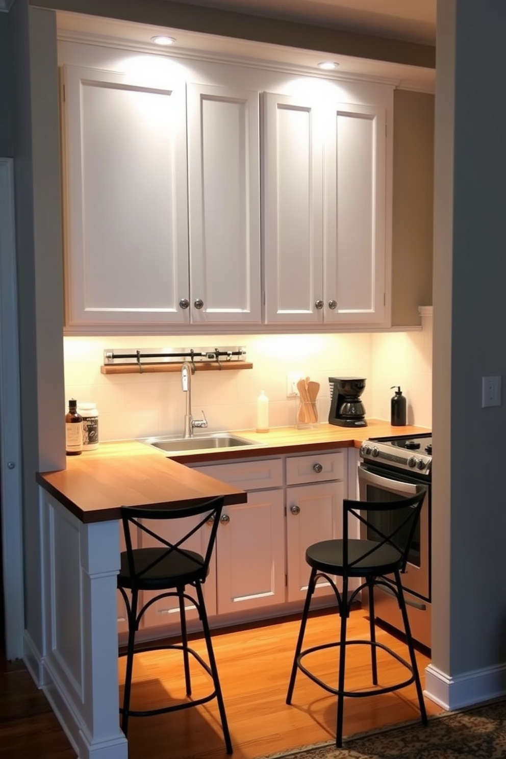 A cozy kitchen alcove features soft under-cabinet lighting that creates a warm and inviting atmosphere. The cabinetry is painted in a soft white, complemented by a wooden countertop and stylish bar stools for a casual dining experience.