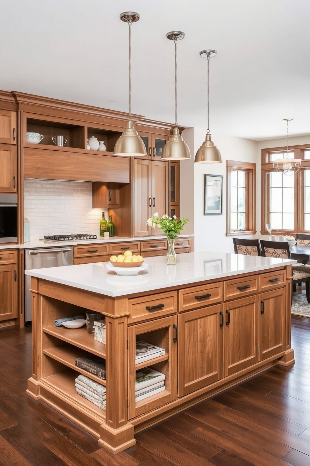 A multi-functional kitchen island featuring ample storage options is the centerpiece of the space. The island includes built-in shelves and drawers, seamlessly blending functionality with style. Surrounding the island, the kitchen alcove is designed with cozy seating and pendant lighting. The color palette consists of warm neutrals and rich wood tones, creating an inviting atmosphere.