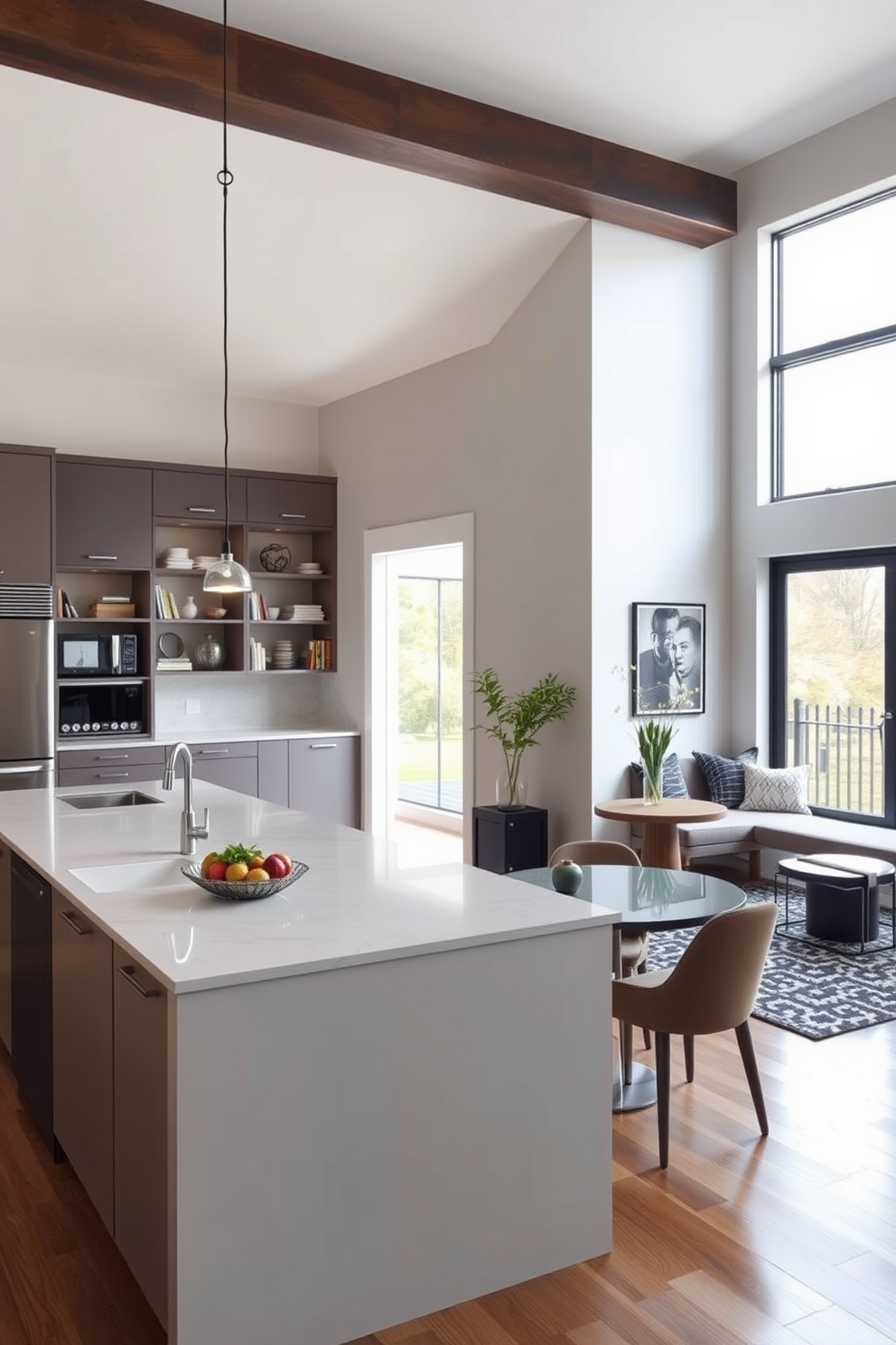 A bright and airy kitchen alcove features a harmonious blend of soft pastel colors that create a cohesive and inviting atmosphere. The cabinetry is painted in a light mint green while the backsplash showcases delicate floral tiles in complementary hues. A round wooden dining table sits in the center, surrounded by upholstered chairs in a warm peach tone. Natural light floods the space through a large window adorned with sheer white curtains, enhancing the overall warmth and charm of the alcove.