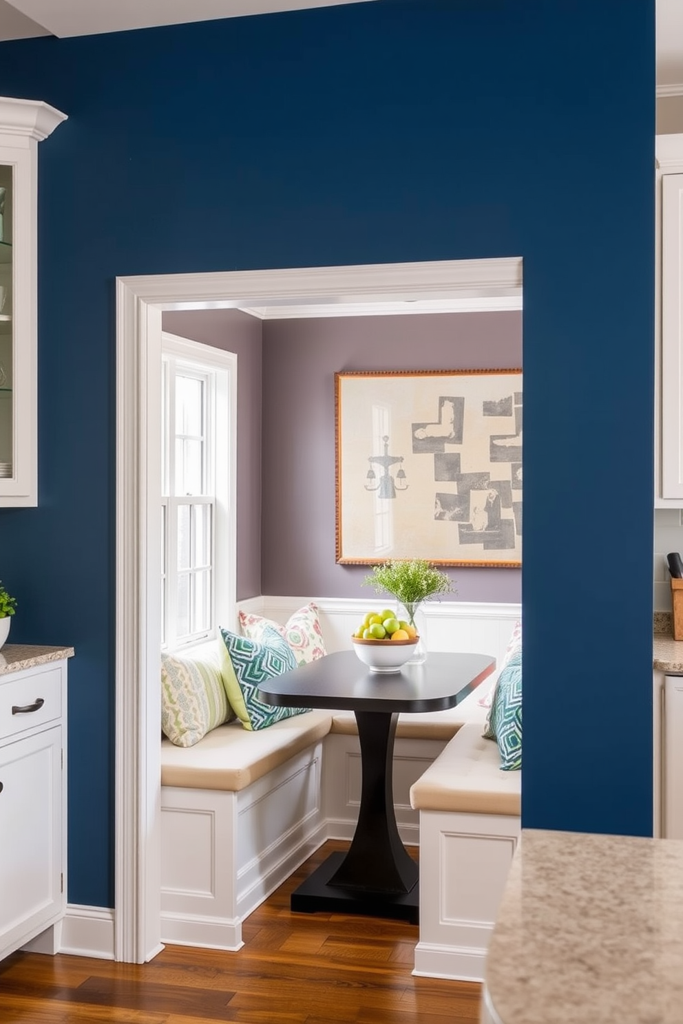 Accent wall with bold paint choice. The wall features a striking deep blue hue that contrasts beautifully with the surrounding neutral tones. Kitchen alcove design ideas. A cozy nook with a built-in bench, adorned with colorful cushions, creates an inviting space for casual dining.