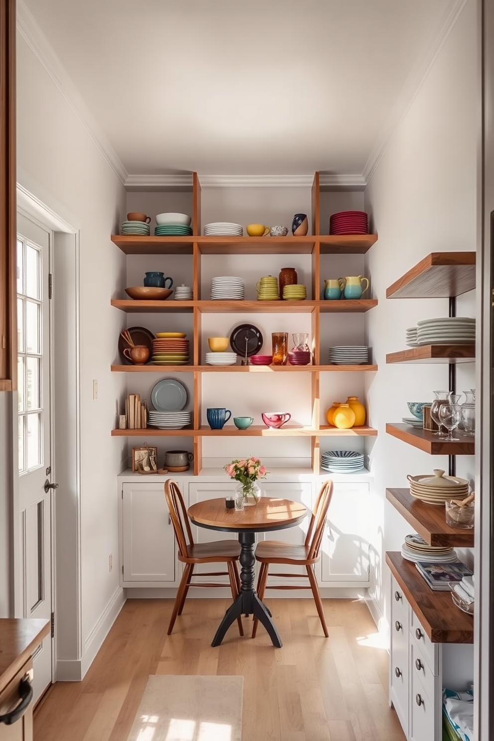 Open shelving units are arranged neatly along the walls, showcasing an array of colorful dishes and glassware. The kitchen alcove features a cozy nook with a small wooden table and two chairs, perfect for casual dining or morning coffee. Natural light streams in through a nearby window, illuminating the shelves and creating a warm atmosphere. The walls are painted in a soft white, complementing the rustic wooden shelves and enhancing the inviting feel of the space.