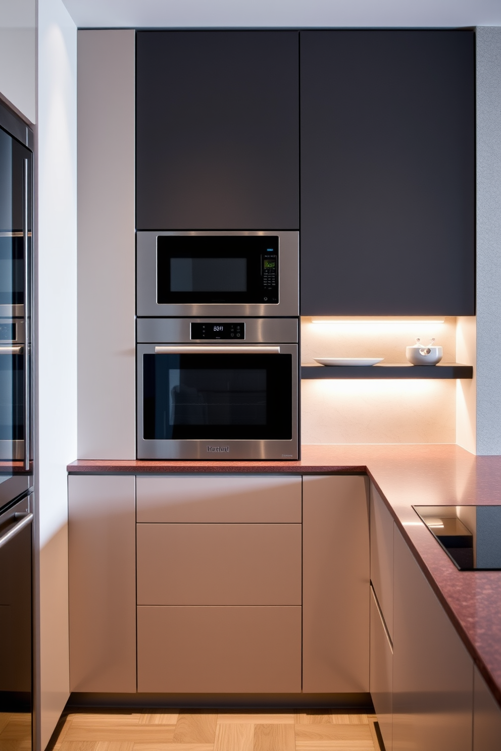 A sleek kitchen alcove design featuring hidden appliances that blend seamlessly into the cabinetry. The space showcases a minimalist aesthetic with smooth cabinetry finishes and integrated lighting for a warm ambiance. The countertop is a rich quartz material that complements the cabinetry while providing ample workspace. A subtle backsplash in soft tones adds texture without overwhelming the clean lines of the design.