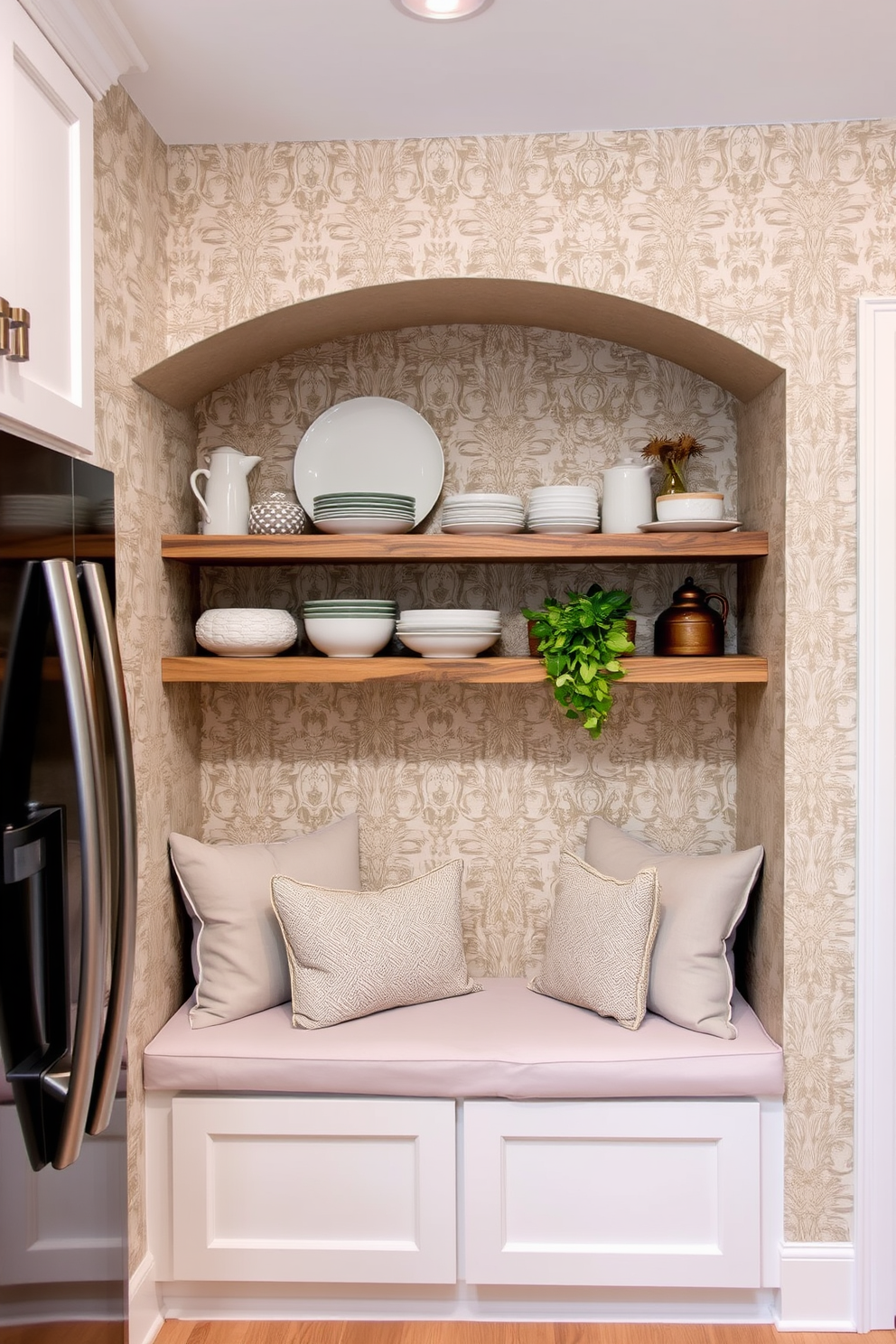 A charming herb garden sits on the windowsill of a cozy kitchen alcove. Fresh basil, rosemary, and thyme thrive in small terracotta pots, bringing a touch of greenery and fragrance to the space. The kitchen alcove features a rustic wooden shelf adorned with colorful cookbooks and vintage kitchenware. Soft, natural light floods the area, enhancing the inviting atmosphere perfect for culinary creativity.