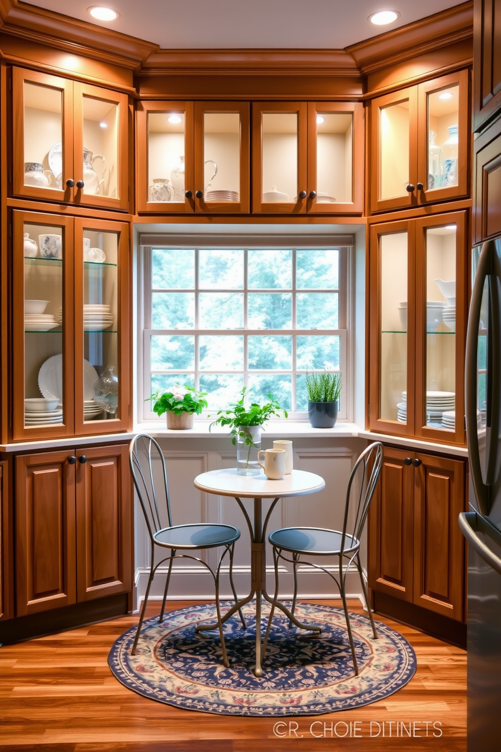 A cozy kitchen alcove featuring glass-front cabinets that showcase elegant dishware and decorative items. The cabinets are framed in a warm wood finish, complemented by soft ambient lighting that highlights the contents within. The alcove is adorned with a small bistro table and two chairs, creating an inviting space for casual dining. A stylish rug adds warmth to the floor, while potted herbs on the windowsill bring a touch of greenery to the design.