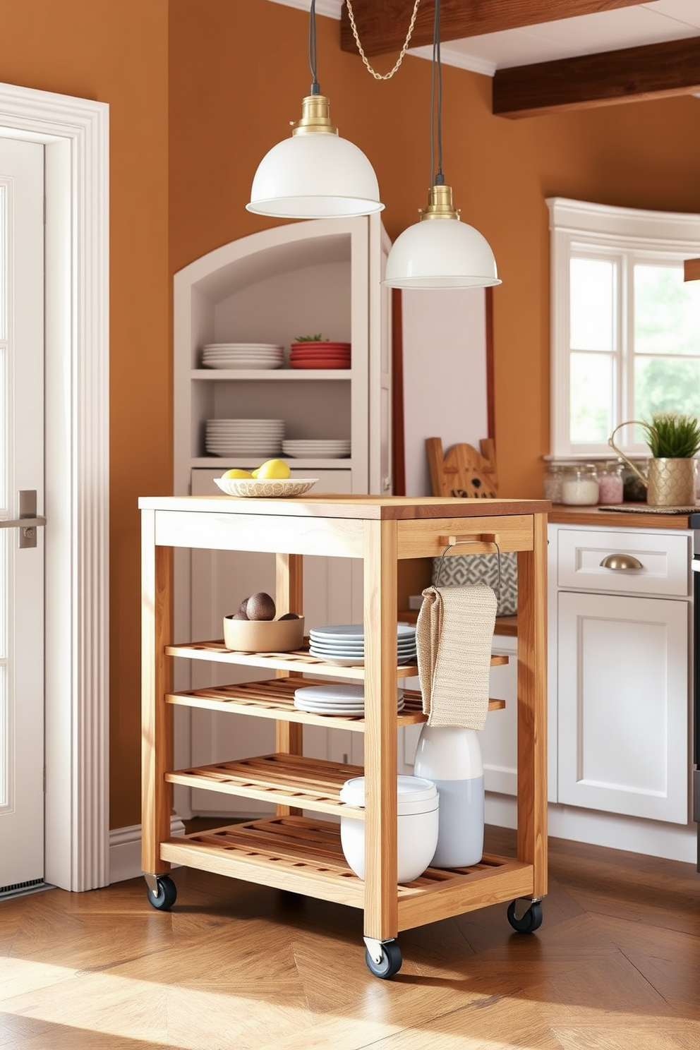 A portable kitchen cart with a sleek design and natural wood finish is positioned in a bright and airy kitchen space. It features multiple shelves for storage, a butcher block top for food preparation, and easy-rolling wheels for flexibility. The kitchen alcove is designed with built-in shelving and cozy seating, creating an inviting nook for meals or morning coffee. Soft lighting fixtures hang above the space, and the walls are adorned with warm, earthy tones to enhance the ambiance.