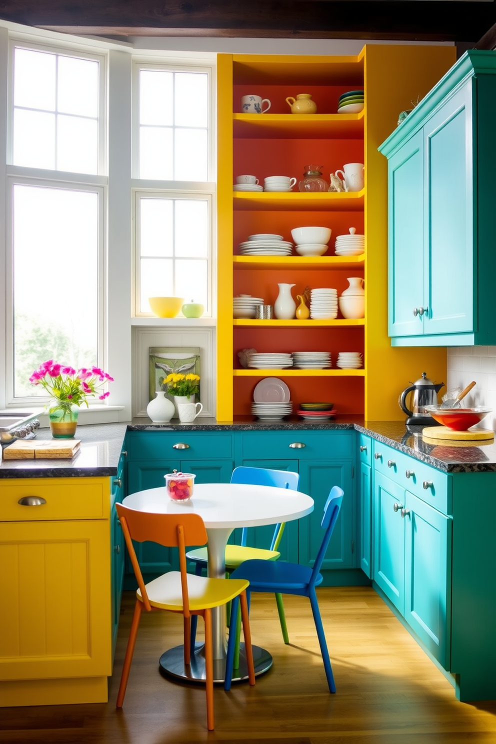 Brightly colored cabinetry creates a vibrant focal point in the kitchen alcove. The shelves are filled with an array of dishware and decorative items, adding personality and charm to the space. The alcove features a cozy breakfast nook with a round table and colorful chairs that complement the cabinetry. Large windows allow natural light to flood the area, enhancing the cheerful atmosphere.