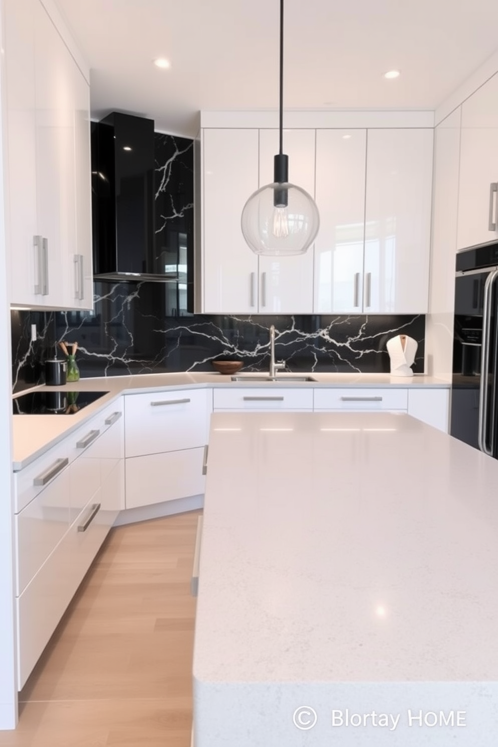 A sleek kitchen alcove features modern finishes with clean lines and a minimalist aesthetic. The cabinetry is high-gloss white with integrated handles, complemented by a striking black marble backsplash. The countertop is a polished quartz in a light gray hue, providing ample workspace. A stylish pendant light hangs above the island, adding a touch of elegance to the contemporary design.