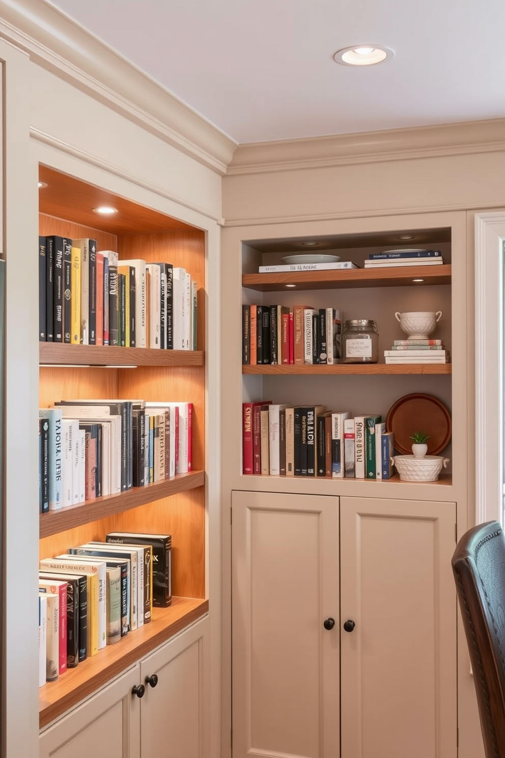 A cozy kitchen alcove featuring built-in shelves lined with an array of cookbooks and decorative items. The shelves are crafted from warm wood and accented with soft lighting to create an inviting atmosphere.