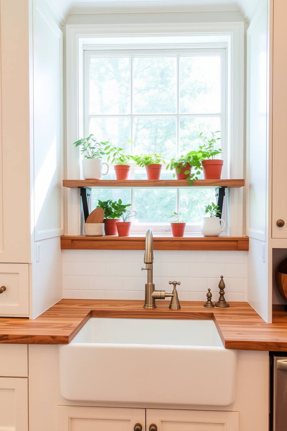 A classic farmhouse sink is installed in a charming alcove, surrounded by custom cabinetry painted in a soft white hue. Above the sink, a large window allows natural light to flood the space, highlighting the rustic wooden shelves adorned with potted herbs and decorative dishware. The countertop is made of warm butcher block, complementing the sink's farmhouse style. A vintage-inspired faucet in a brushed nickel finish adds a touch of elegance to the cozy kitchen alcove design.