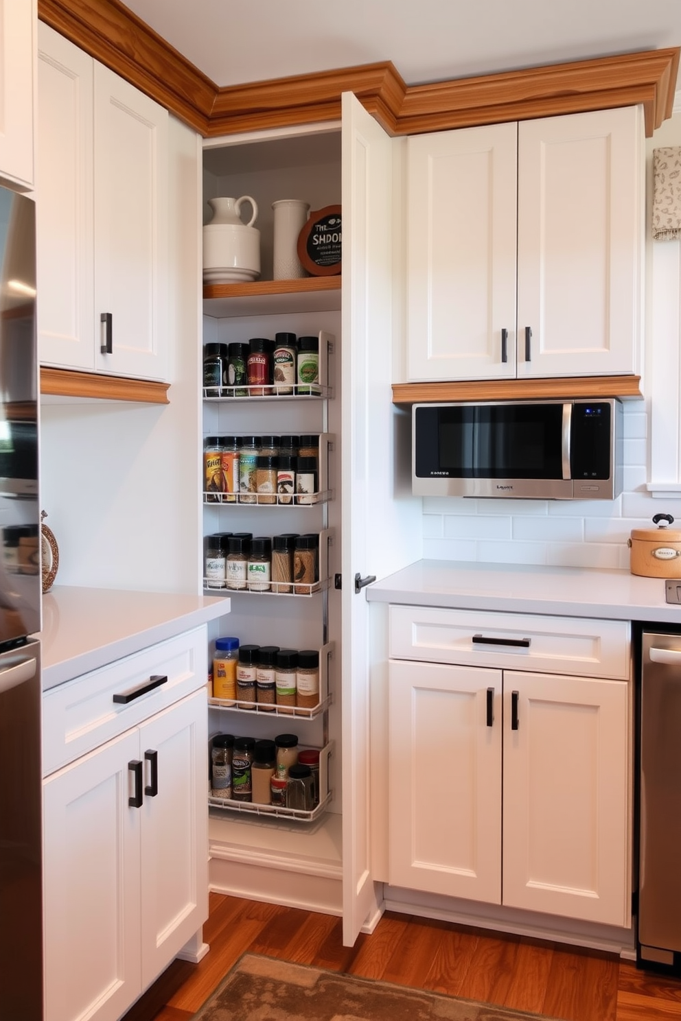 A cozy kitchen alcove featuring a hidden spice rack cleverly integrated behind cabinet doors. The cabinetry is painted in a soft cream color, complemented by warm wooden accents and modern hardware.