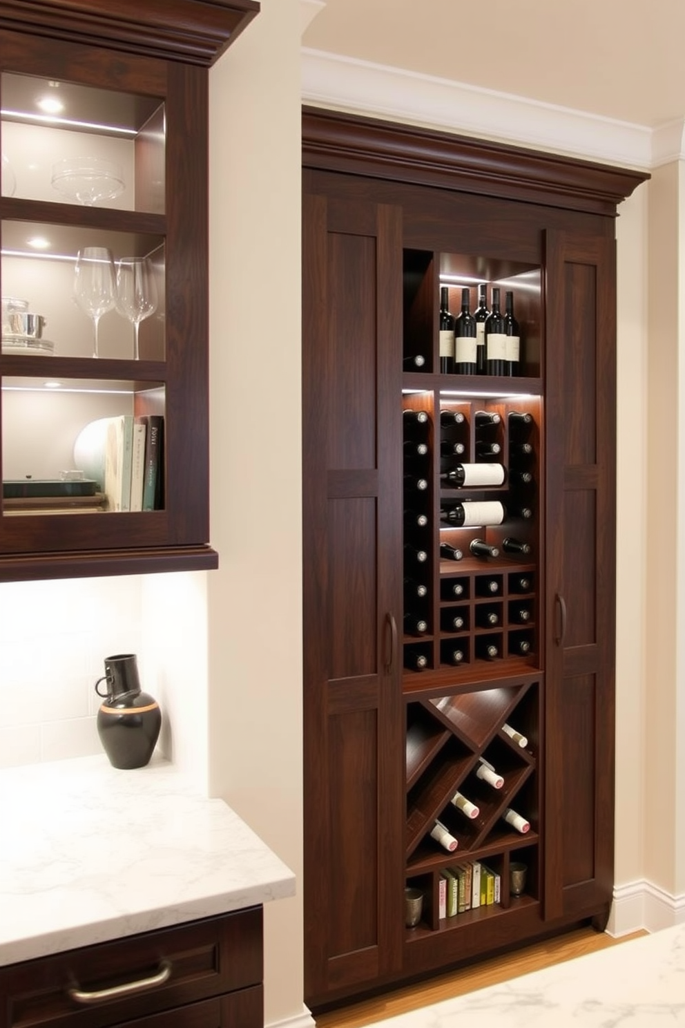 A stylish kitchen alcove featuring an integrated wine rack that seamlessly blends into the cabinetry. The wine rack is crafted from dark wood, showcasing a selection of fine wines, while the surrounding shelves display elegant glassware and cookbooks. The alcove is adorned with soft ambient lighting that highlights the wine collection, creating a warm and inviting atmosphere. The walls are painted in a soft cream color, complementing the rich tones of the wood and enhancing the overall design aesthetic.