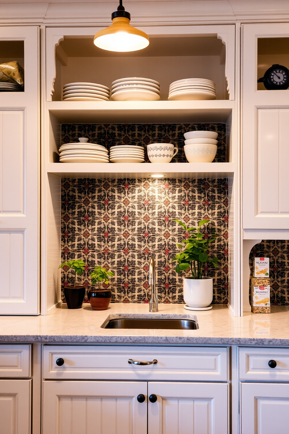 A decorative tile backsplash featuring intricate geometric patterns in vibrant colors creates a striking focal point in the kitchen alcove. The surrounding cabinetry is painted in a soft white, complementing the bold backsplash while maintaining an airy and inviting atmosphere. Incorporate open shelving above the countertop to display stylish dishware and potted herbs, enhancing both functionality and aesthetics. Soft, warm lighting fixtures are installed to highlight the backsplash and create a cozy ambiance in the kitchen space.